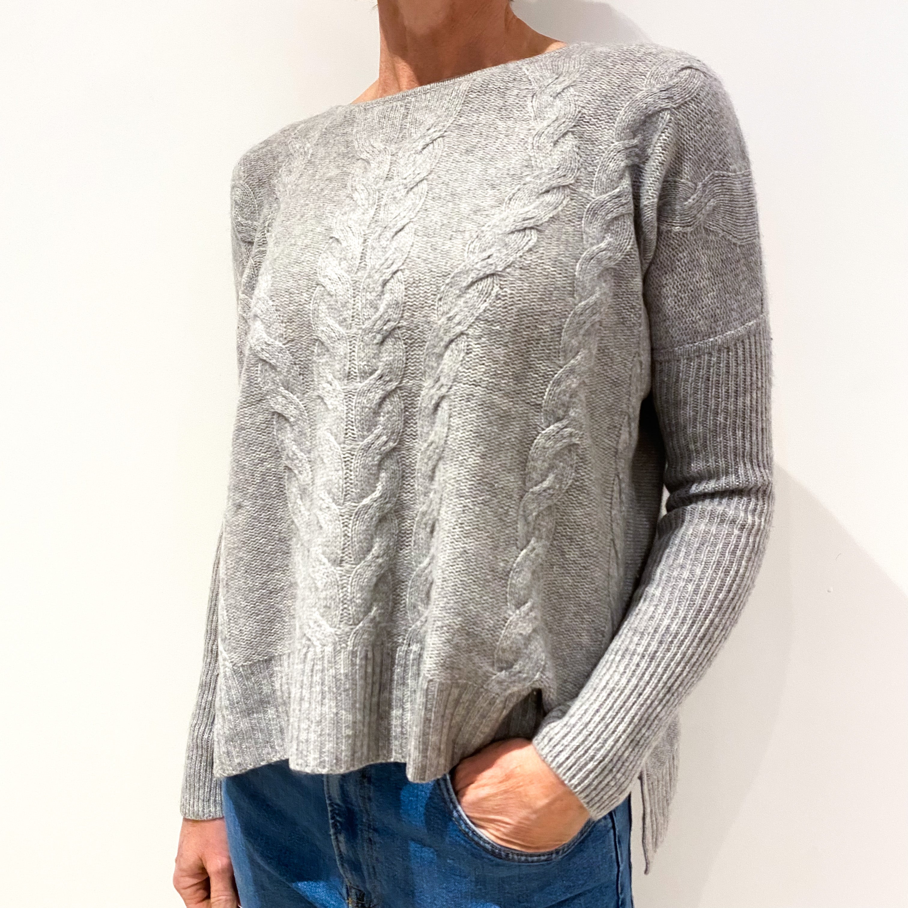 Smoke Grey Cable Cashmere Slouchy Crew Neck Jumper Small