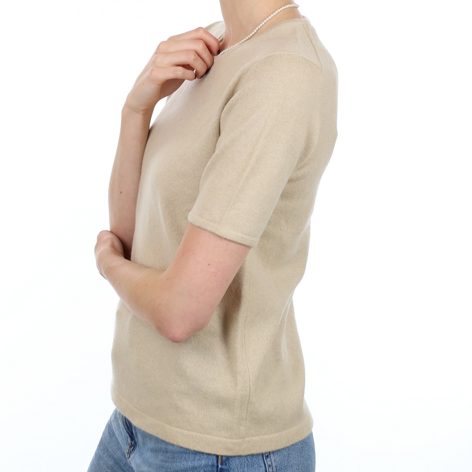 Sand Beige Cashmere Short Sleeve Crew Neck Jumper Small