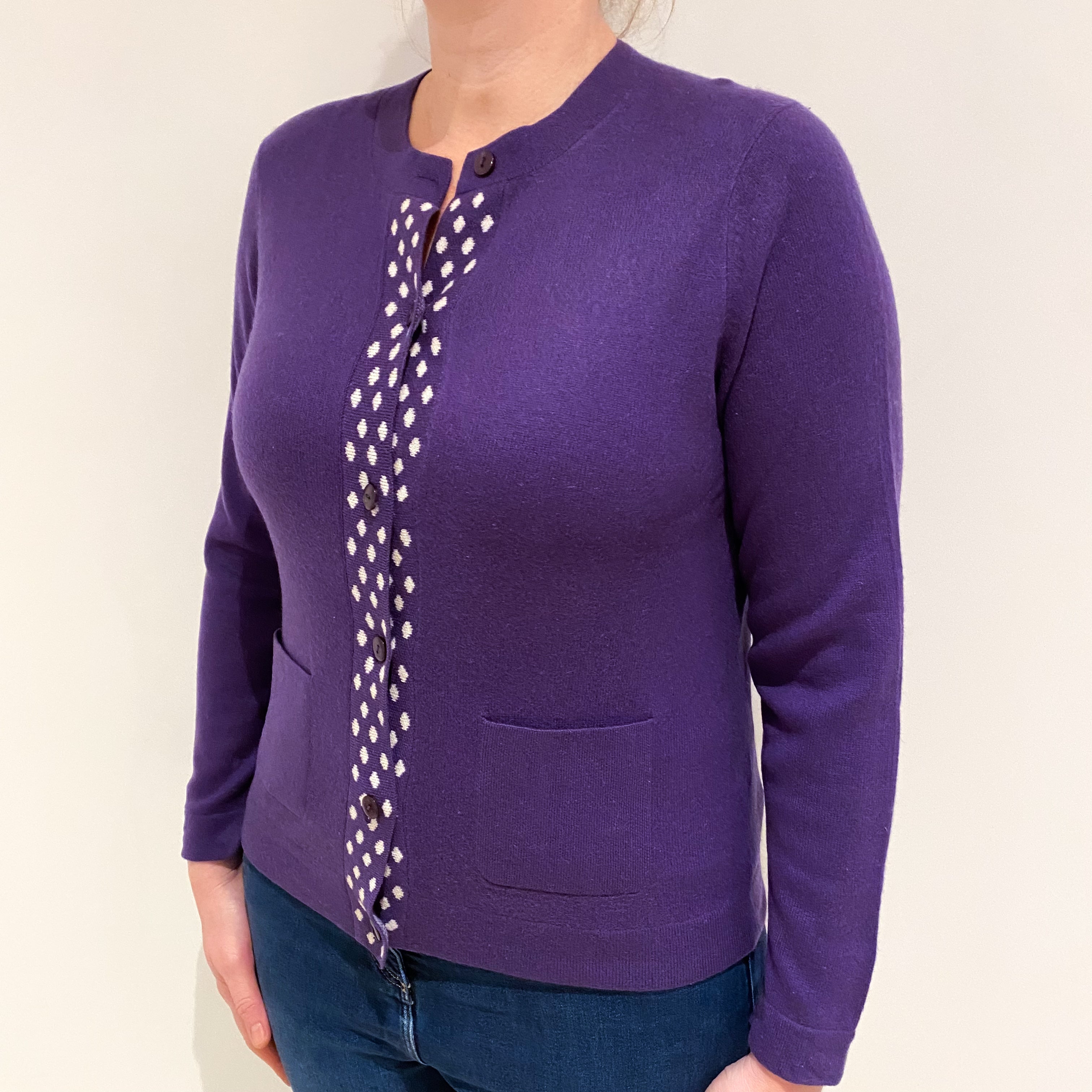 Grape Purple White Spot Cashmere Cardigan with Pockets Large