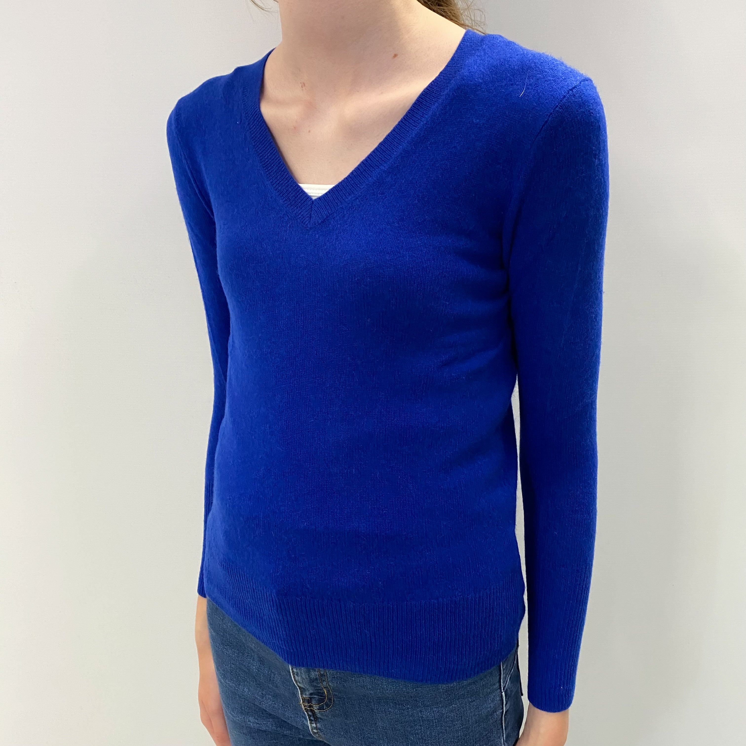 Cobalt Blue Cashmere V Neck Jumper Extra Small