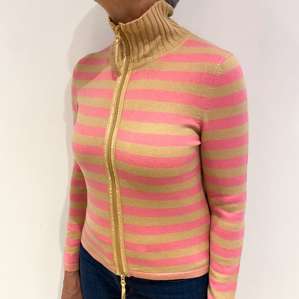 Caramel and Bubblegum Pink Stripe Cashmere Turtle Neck Zip Up Cardigan Medium