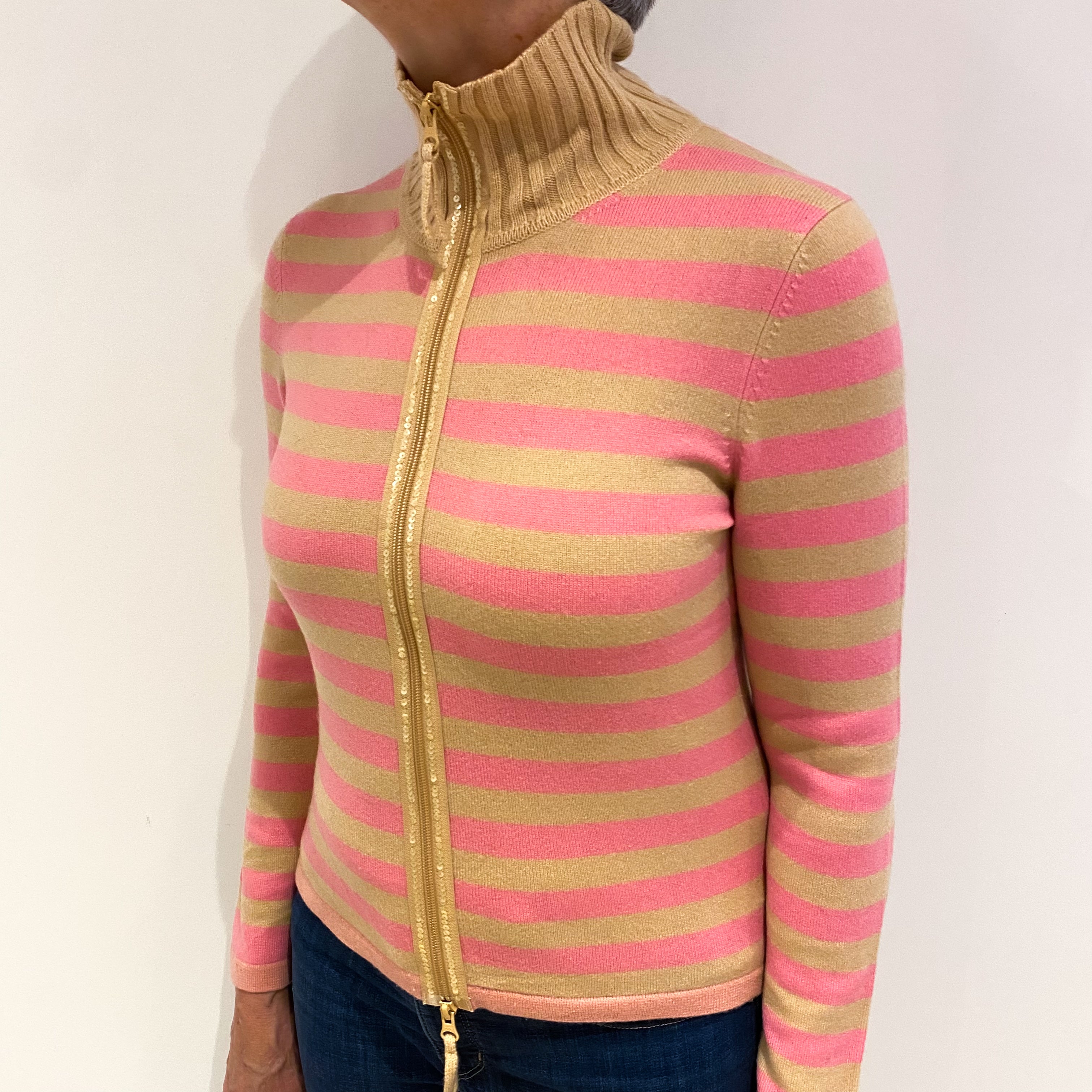 Caramel and Bubblegum Pink Stripe Cashmere Turtle Neck Zip Up Cardigan Medium