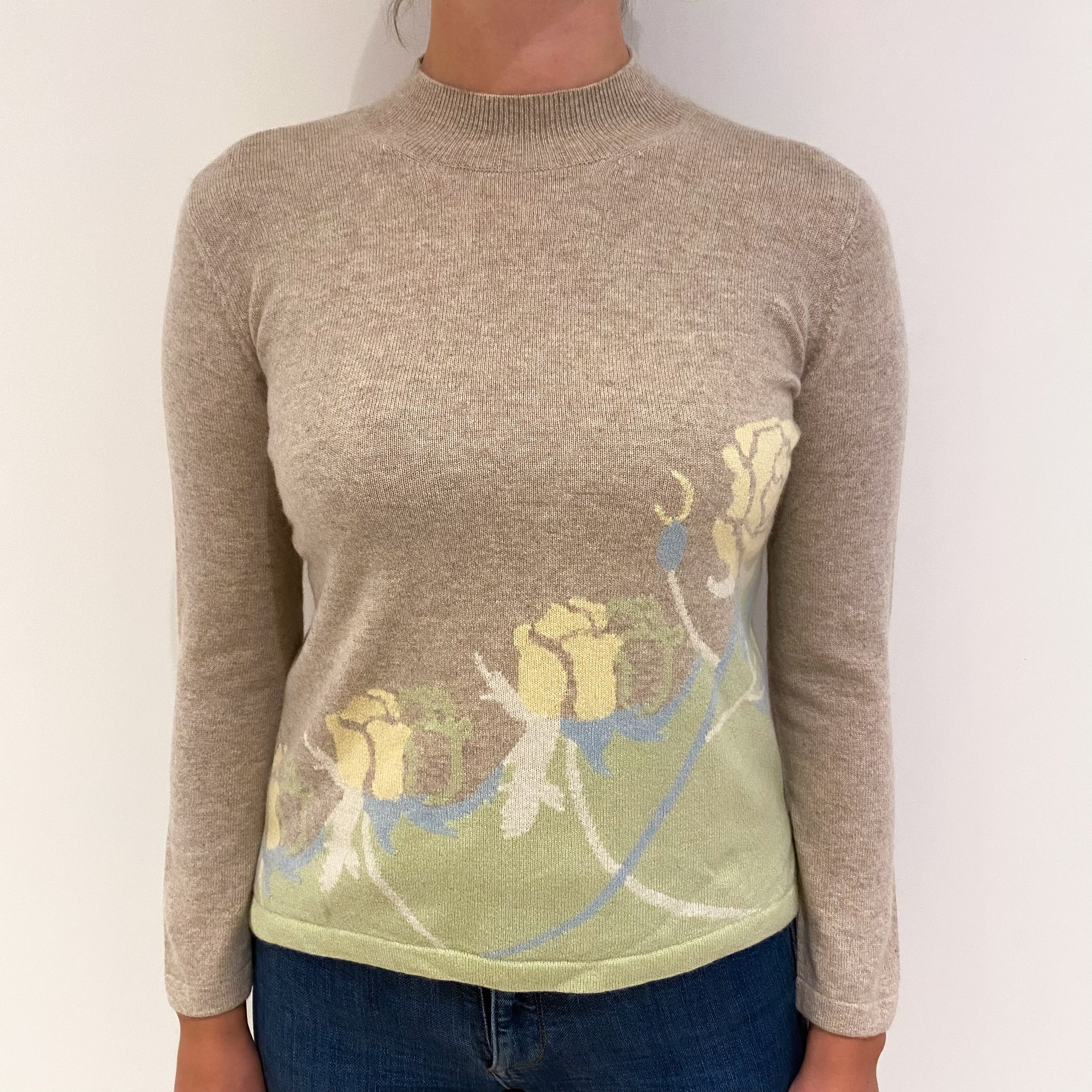 Fawn and Pistachio Floral Cashmere Turtle Neck Jumper Small