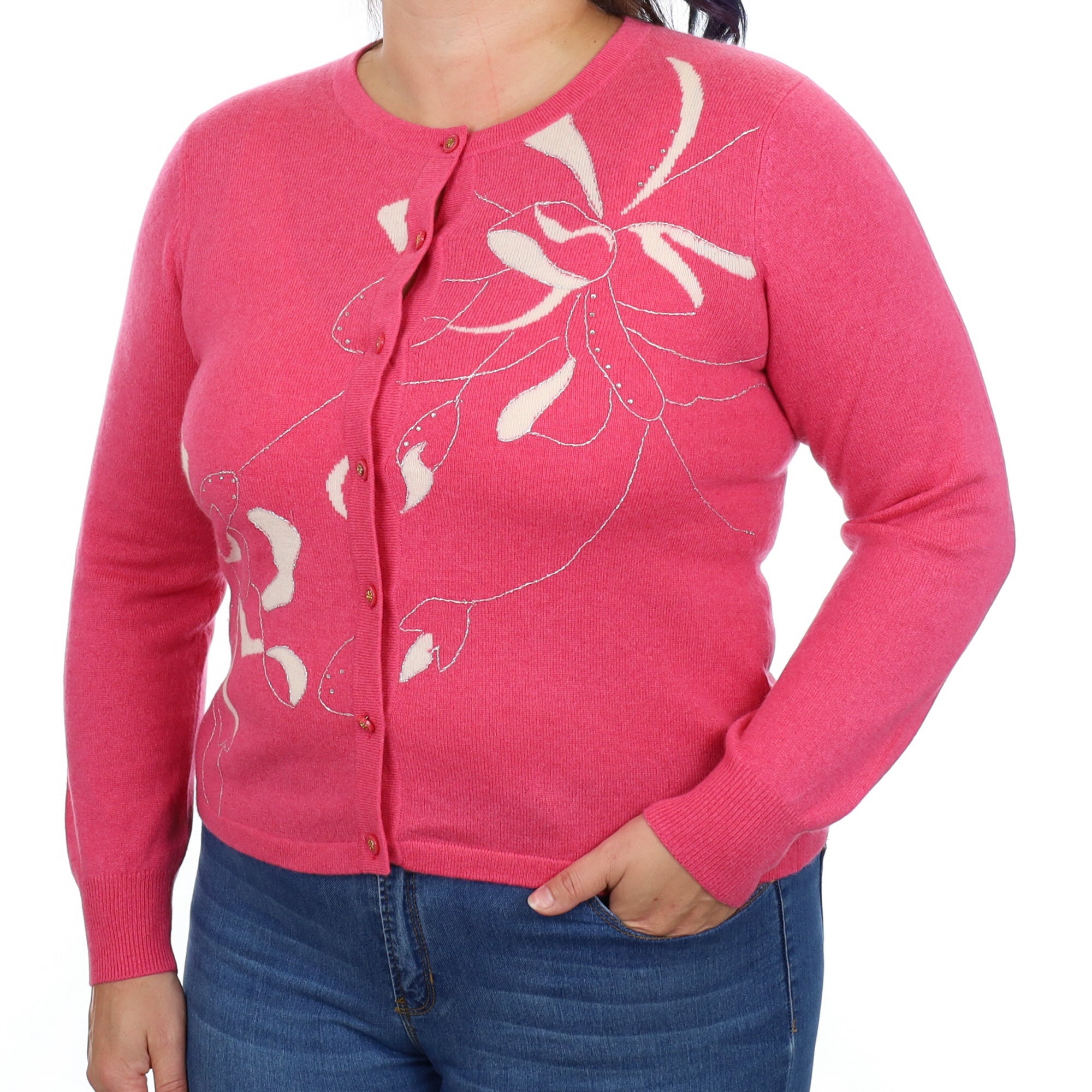 Hot Pink Floral Cashmere Crew Neck Cardigan Large