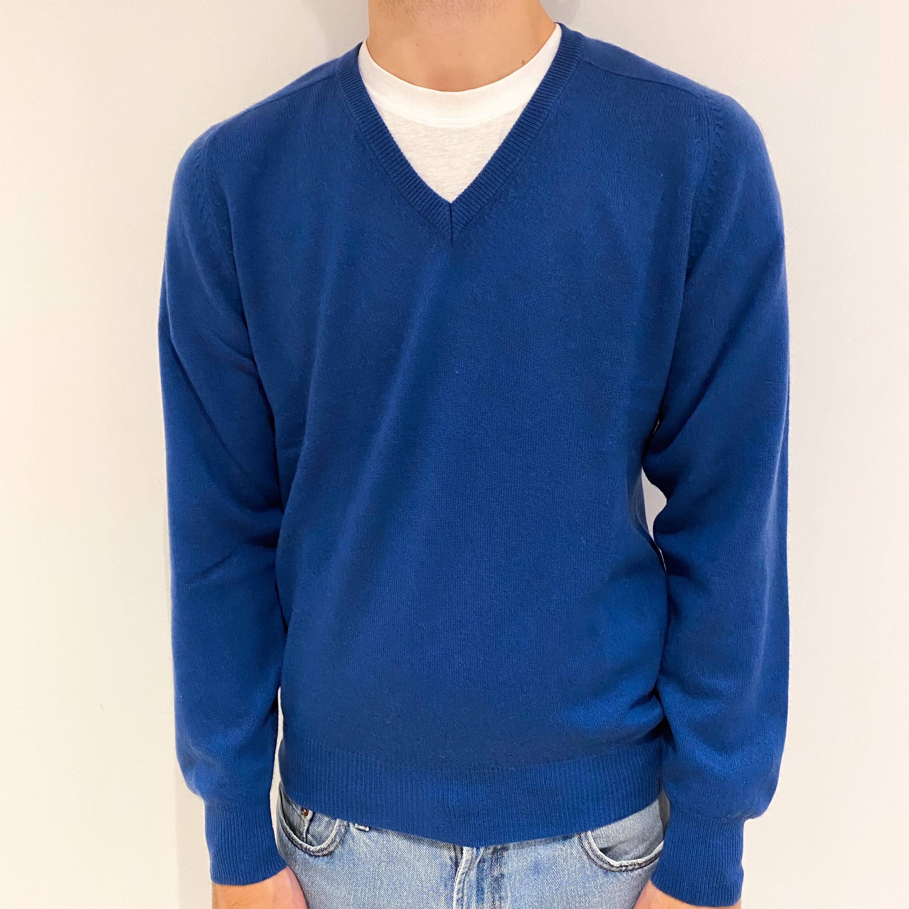Men's Airforce Blue Cashmere V Neck Jumper Large