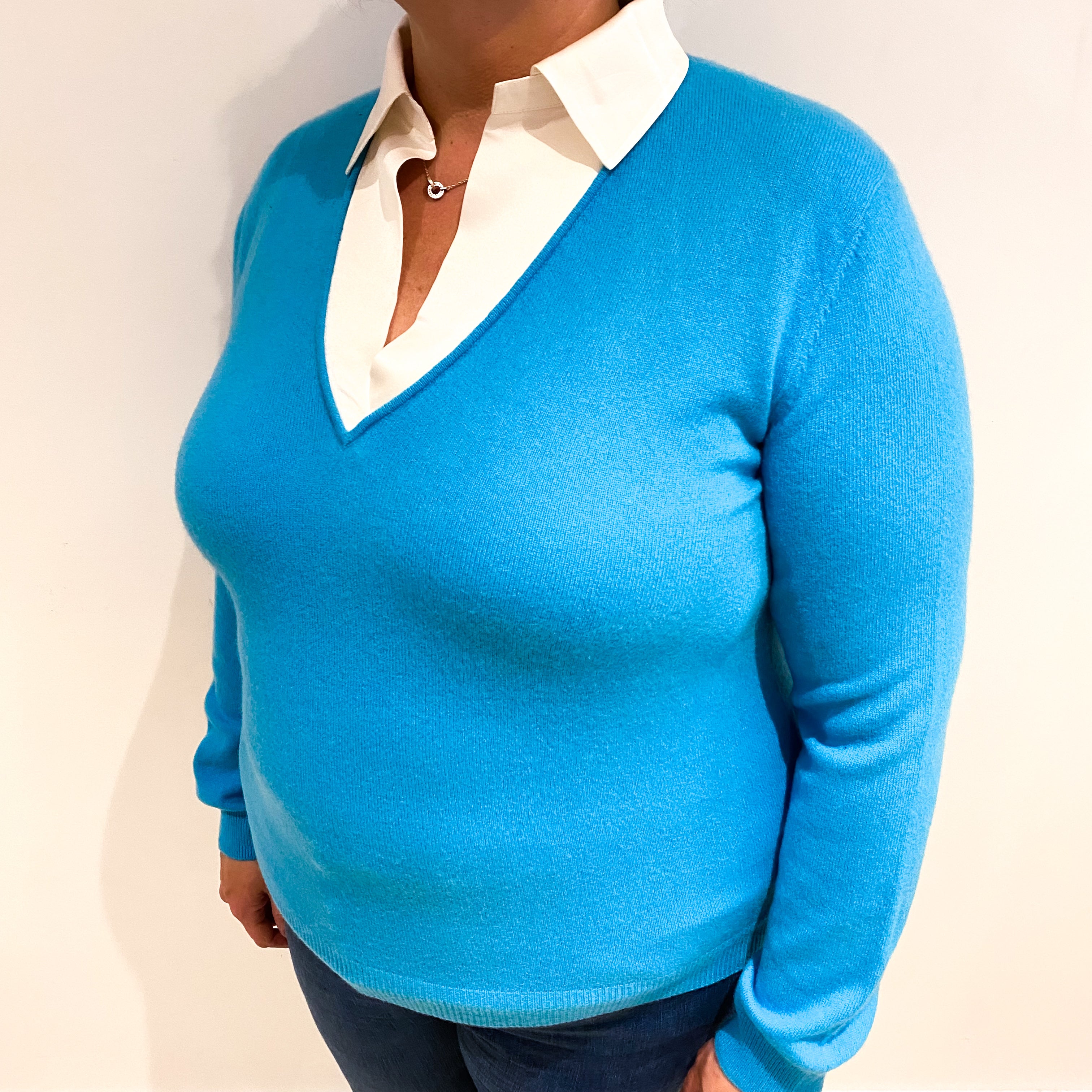 Turquoise Cashmere V Neck Jumper with Silk Collar Extra Large