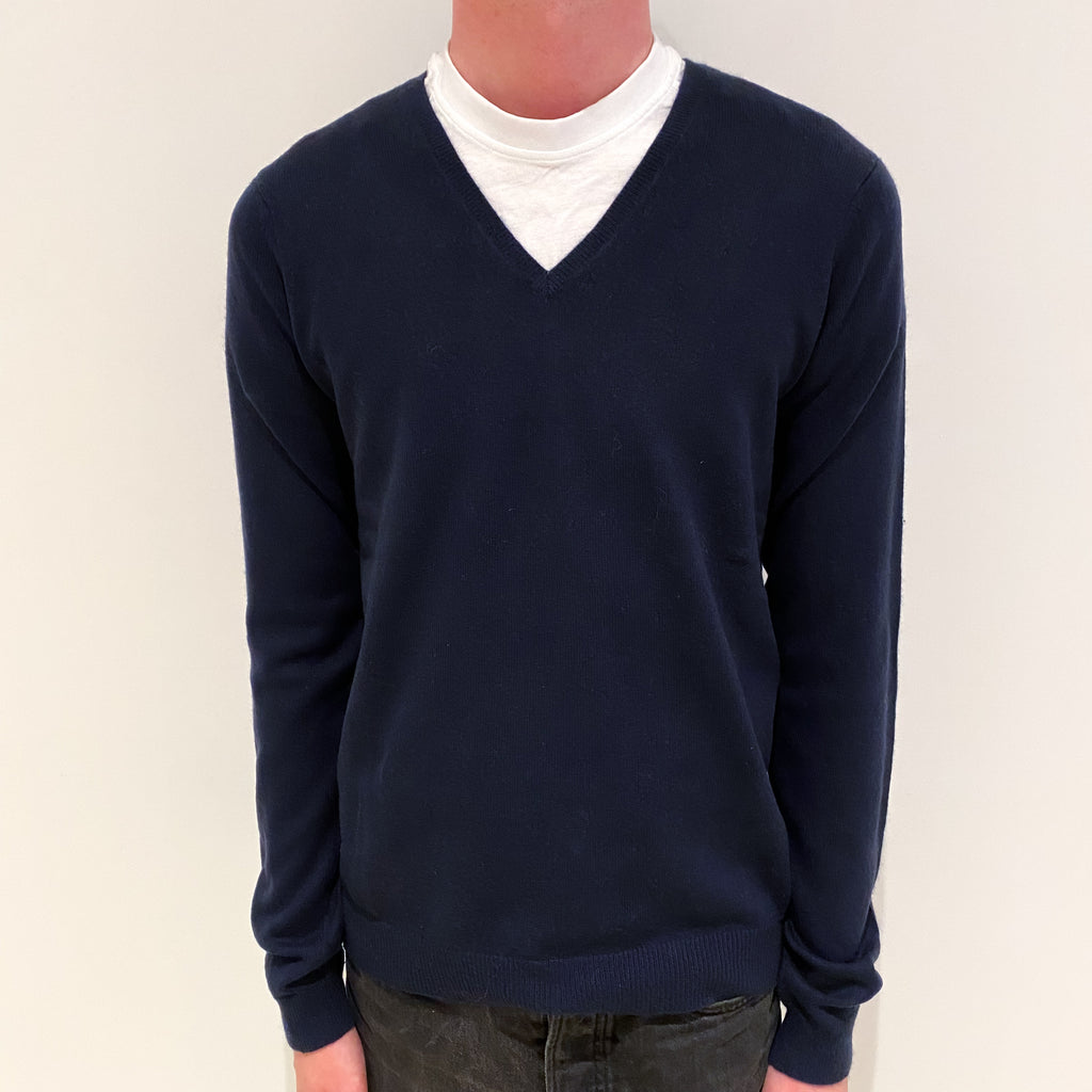 Men's Navy Blue Cashmere V-Neck Jumper Small
