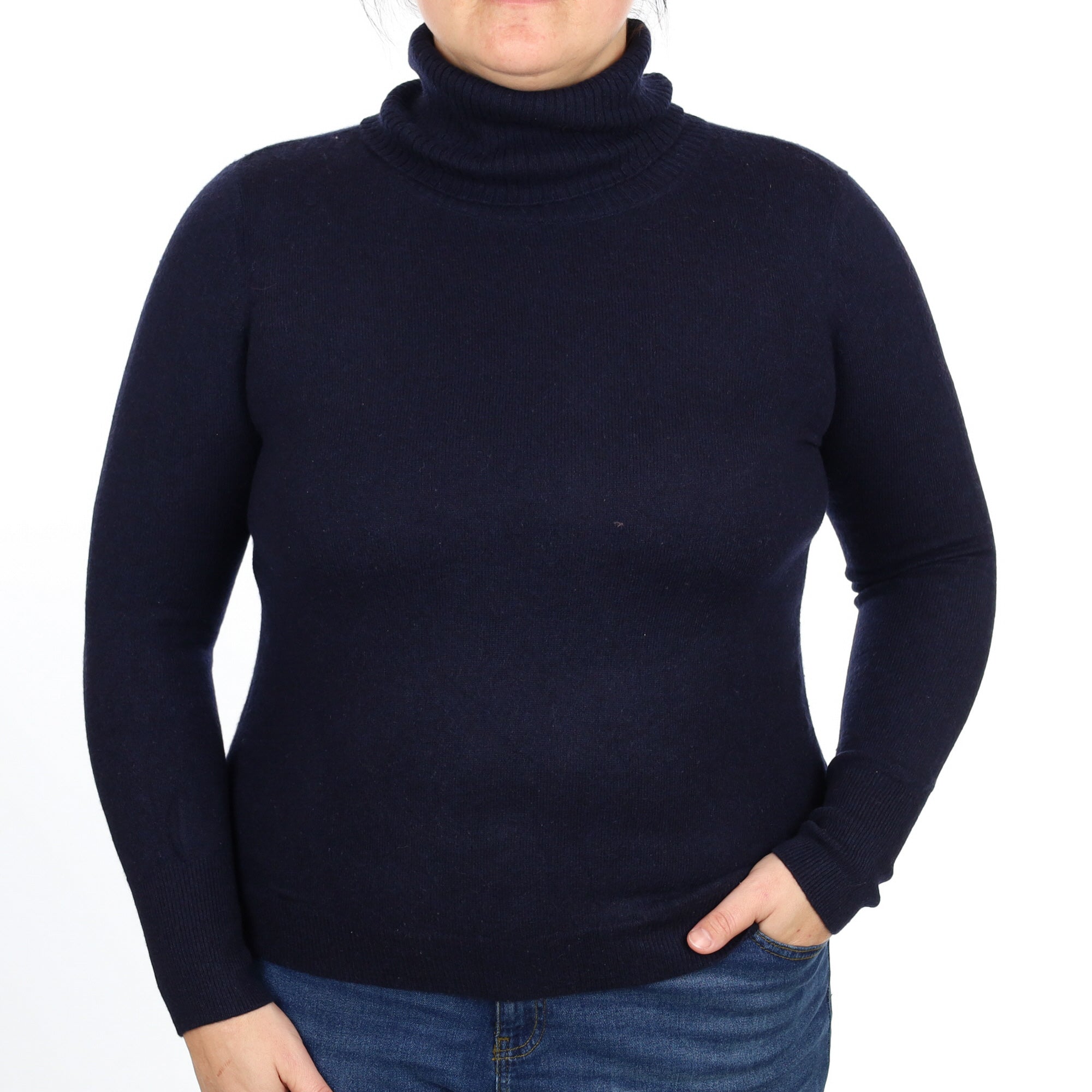 Navy Blue Cashmere Polo Neck Jumper Large