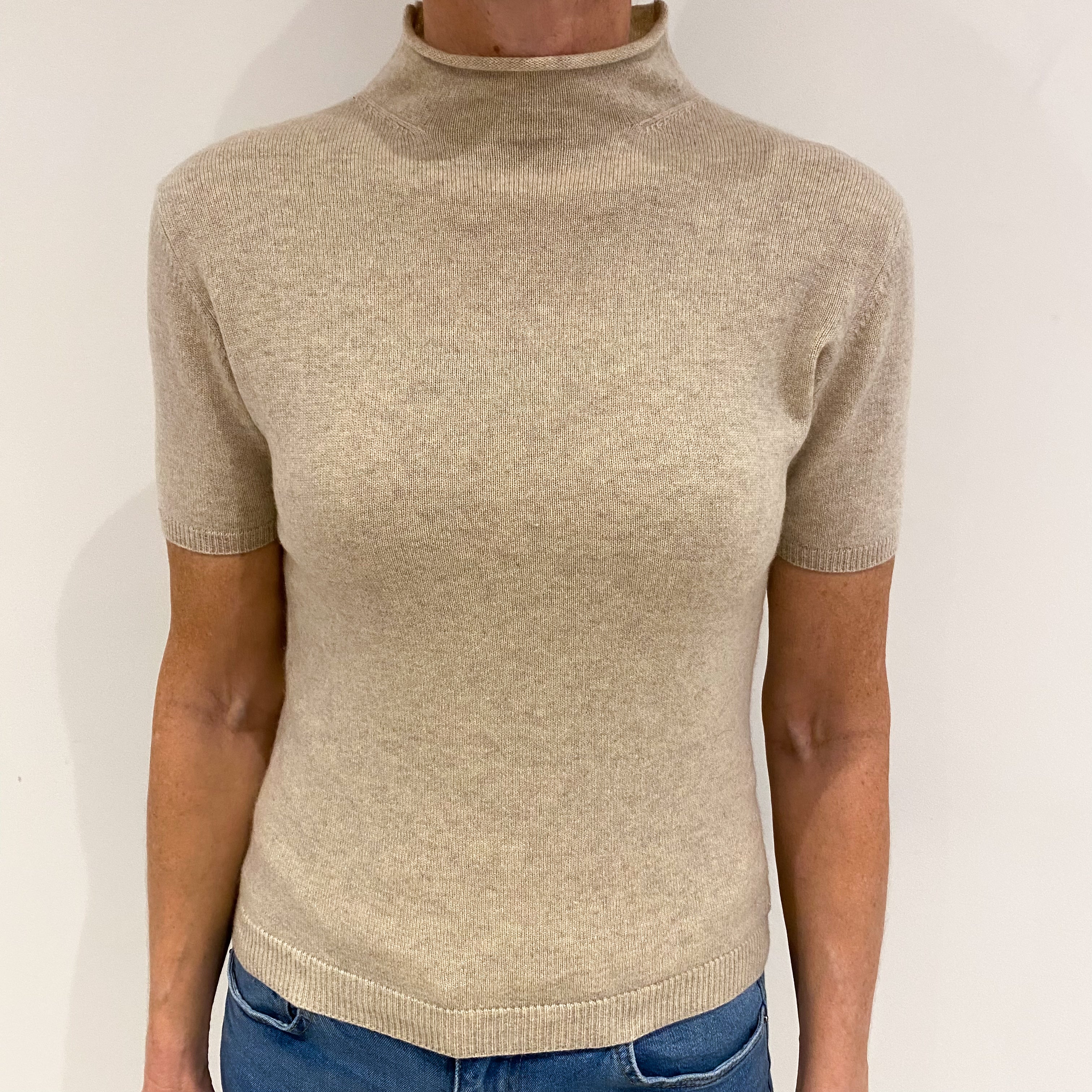 Honey Beige Cashmere Short Sleeved Turtle Neck Jumper Small