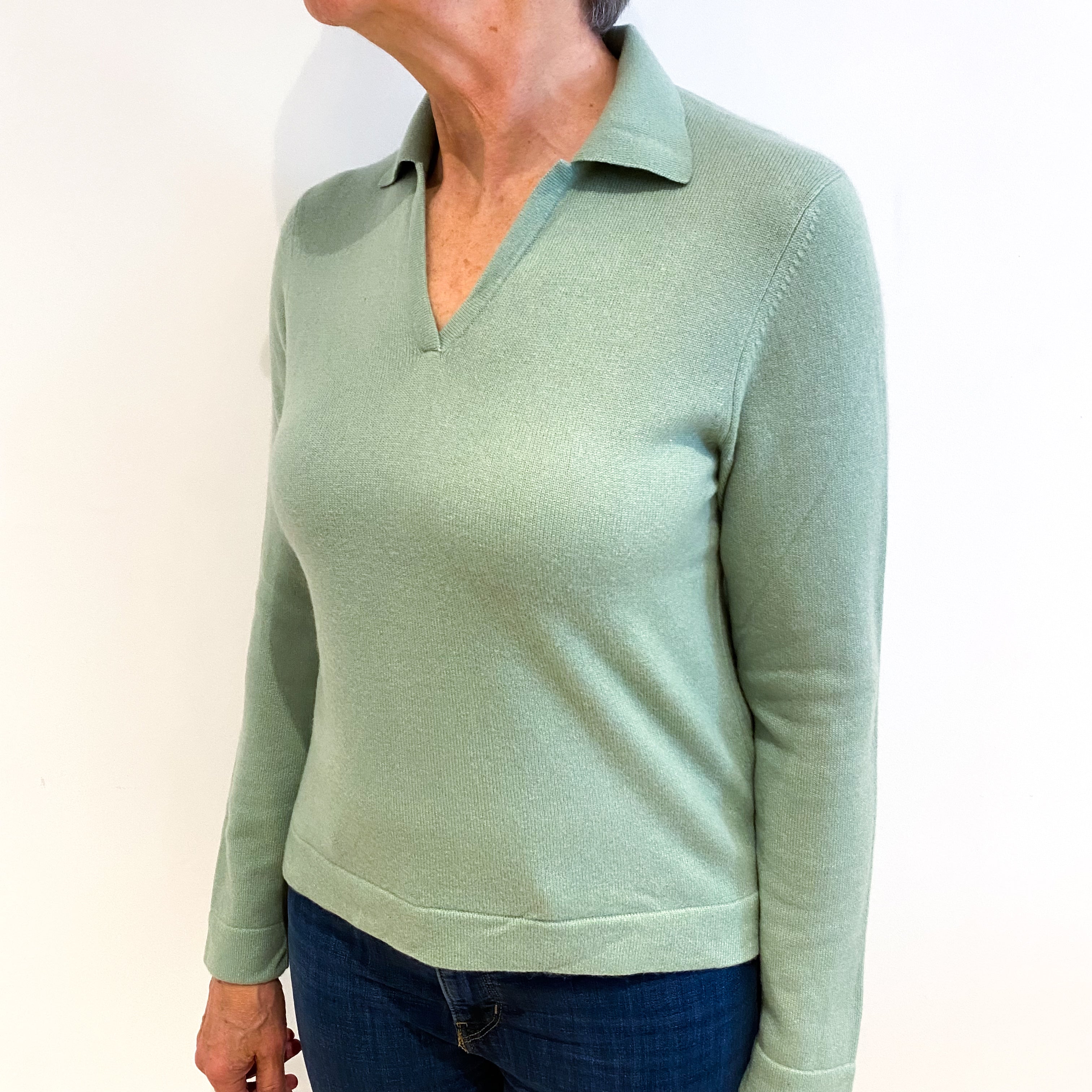 Mint Green Cashmere Collared V Neck Jumper Medium