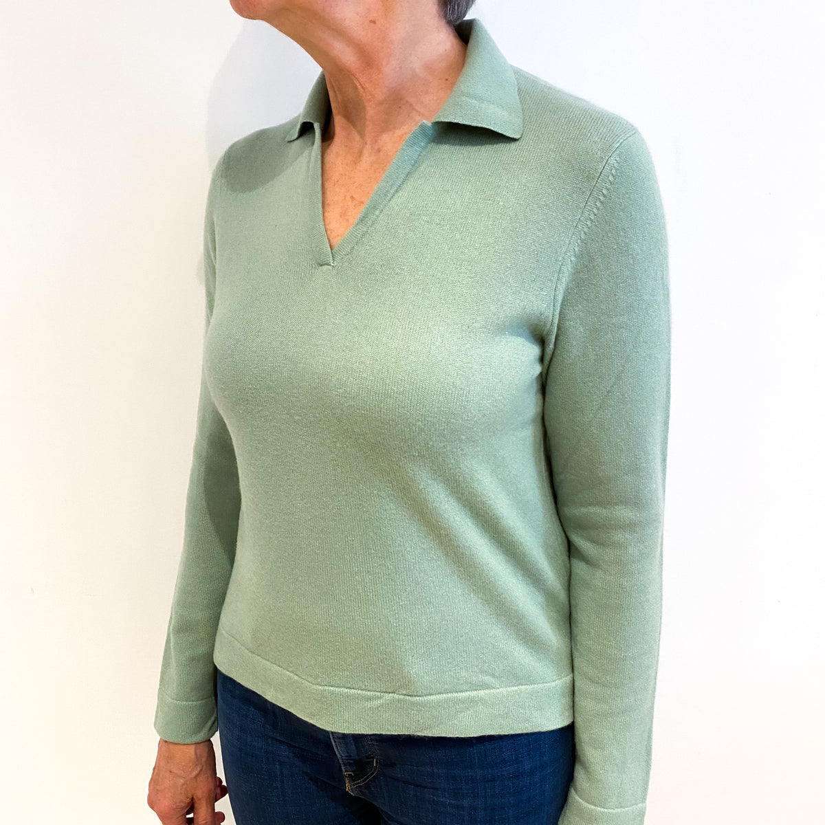 Mint Green Cashmere Collared V Neck Jumper Medium