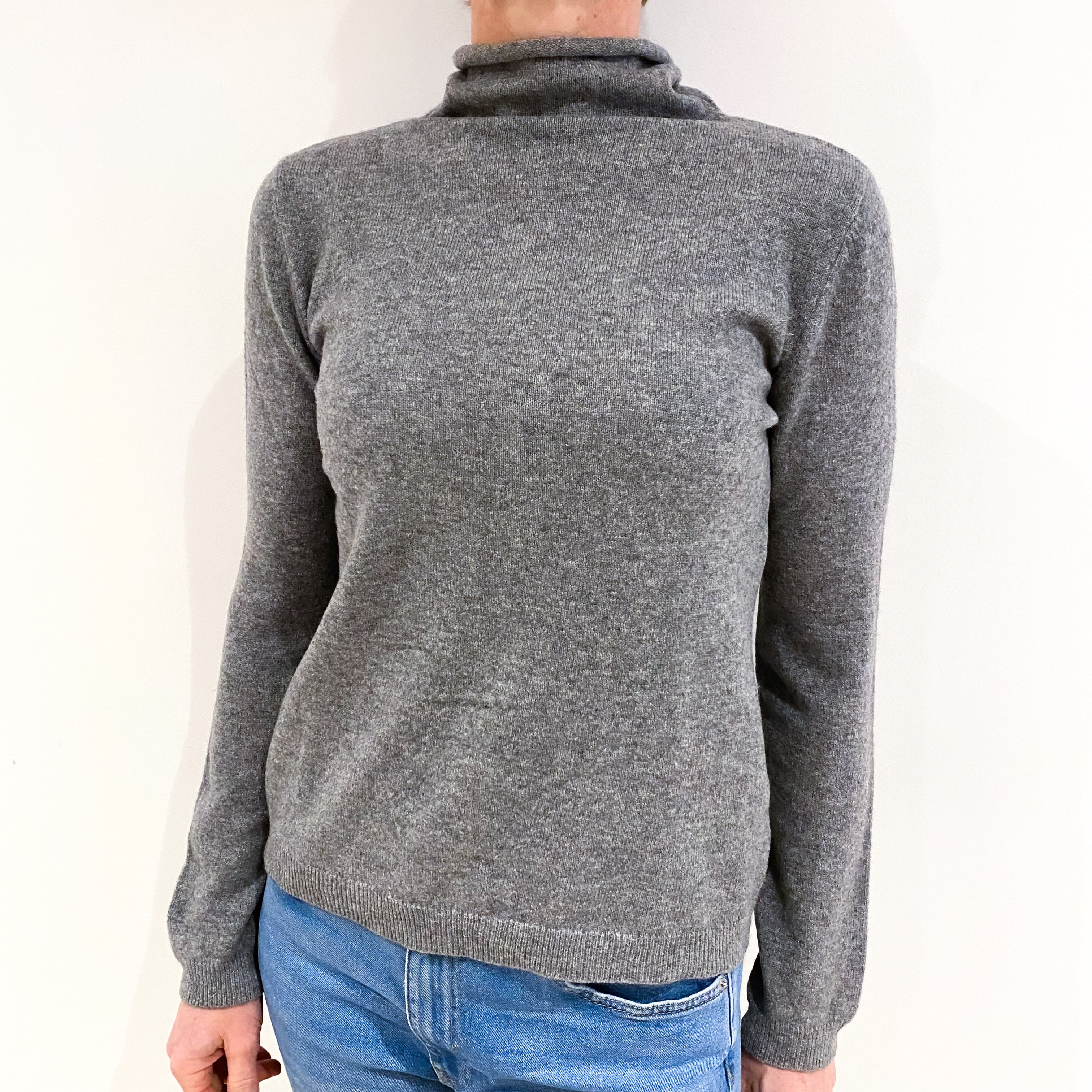 Ash Grey Cashmere Funnel Neck Jumper Small