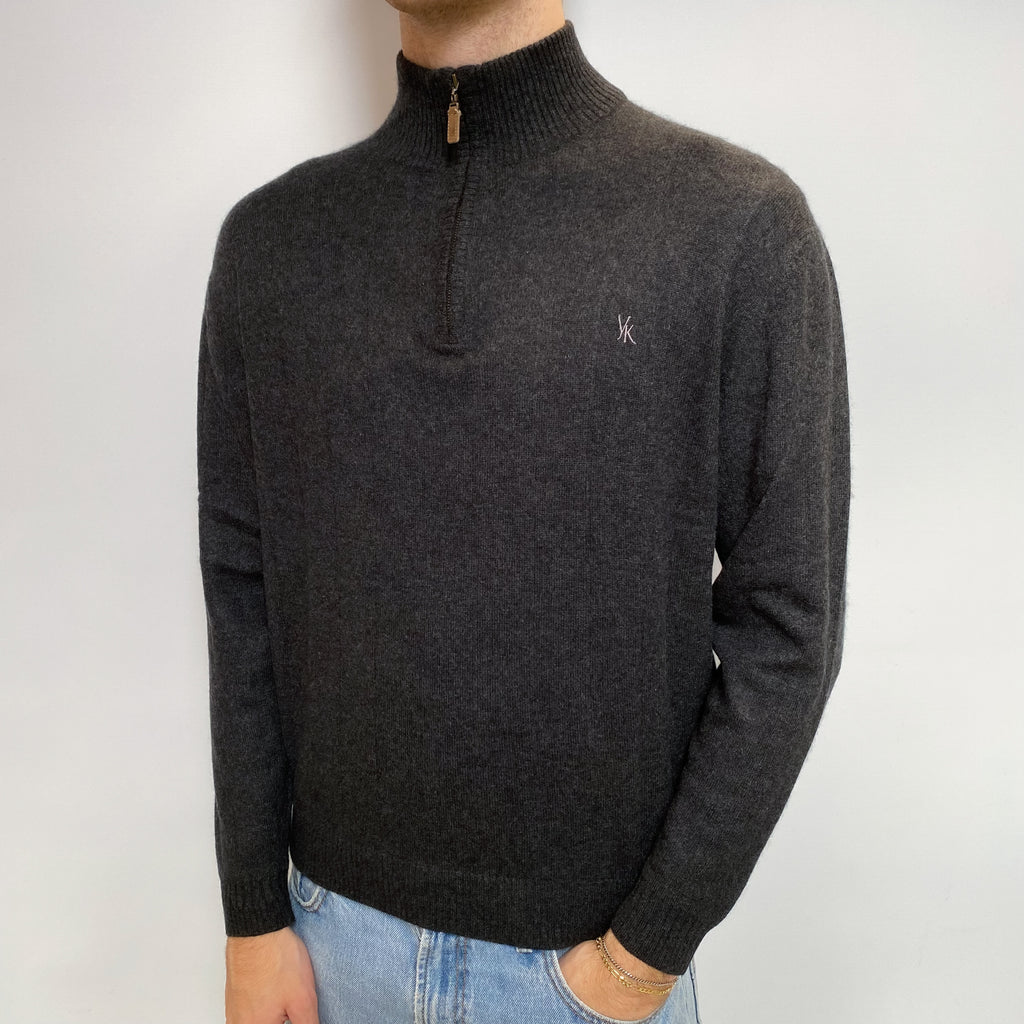Men's Dark Grey Cashmere 1/4 Zip Front Jumper Large