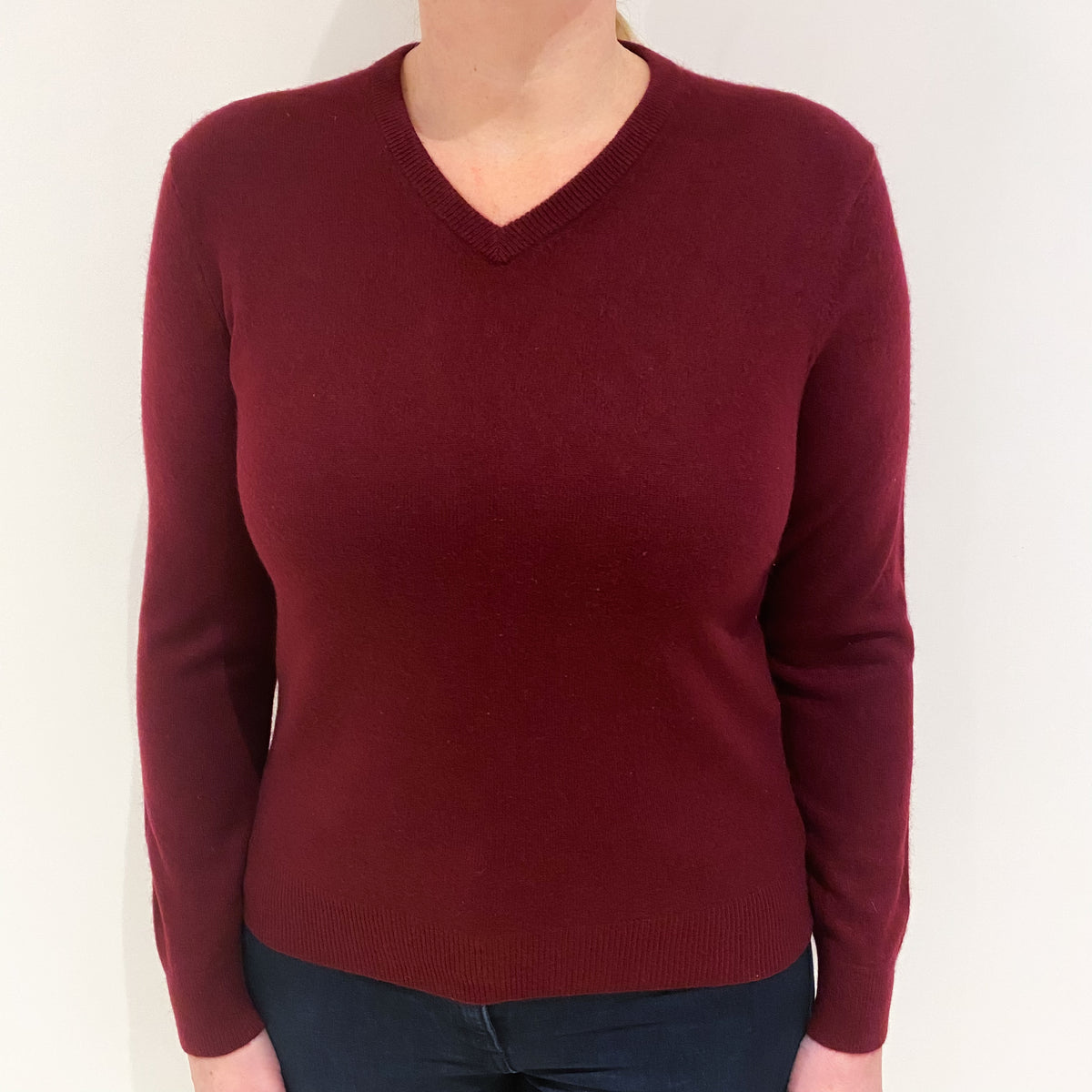 Burgundy Red Cashmere V Neck Jumper Large