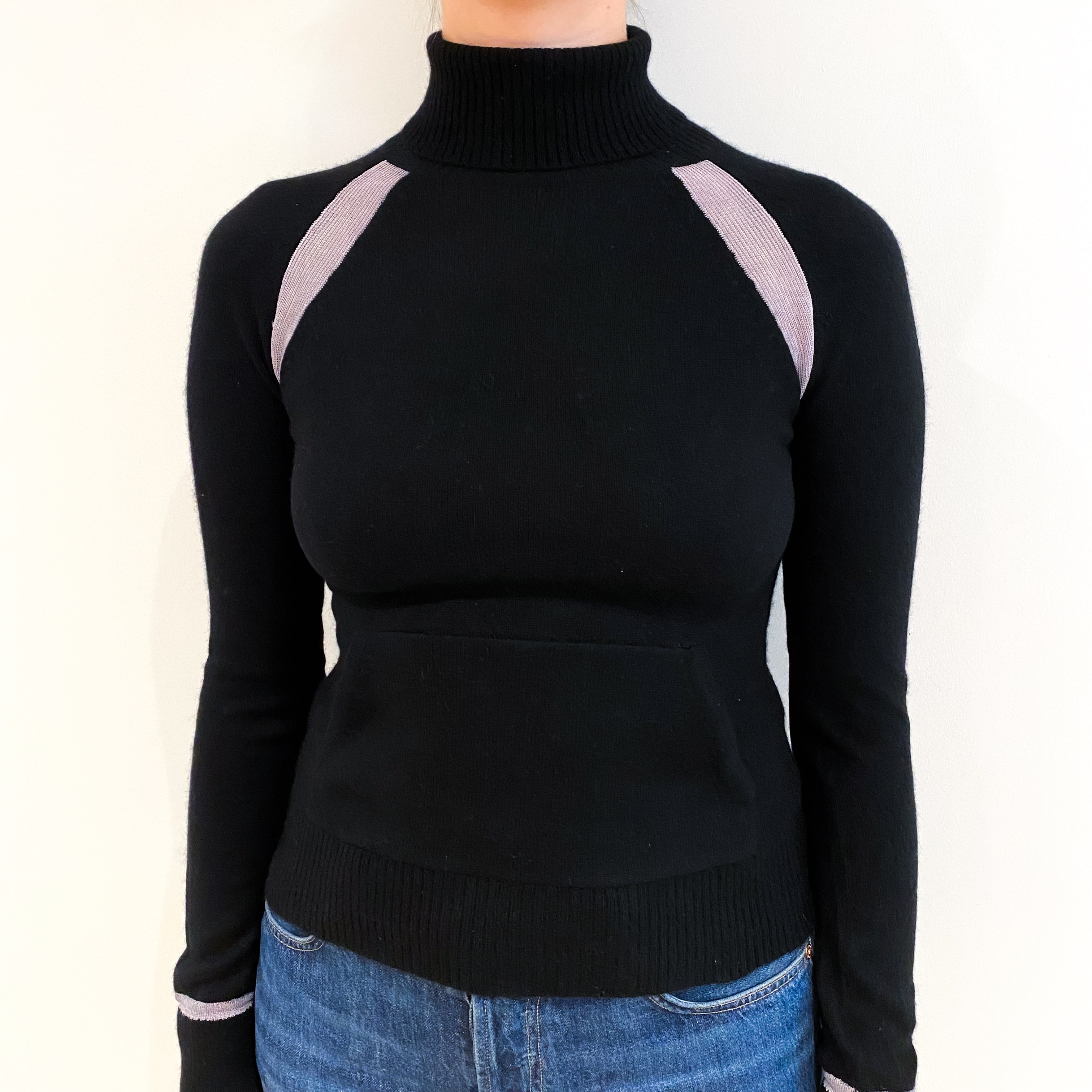 Black Silver Trim Cashmere Polo Neck Jumper with Pocket Small
