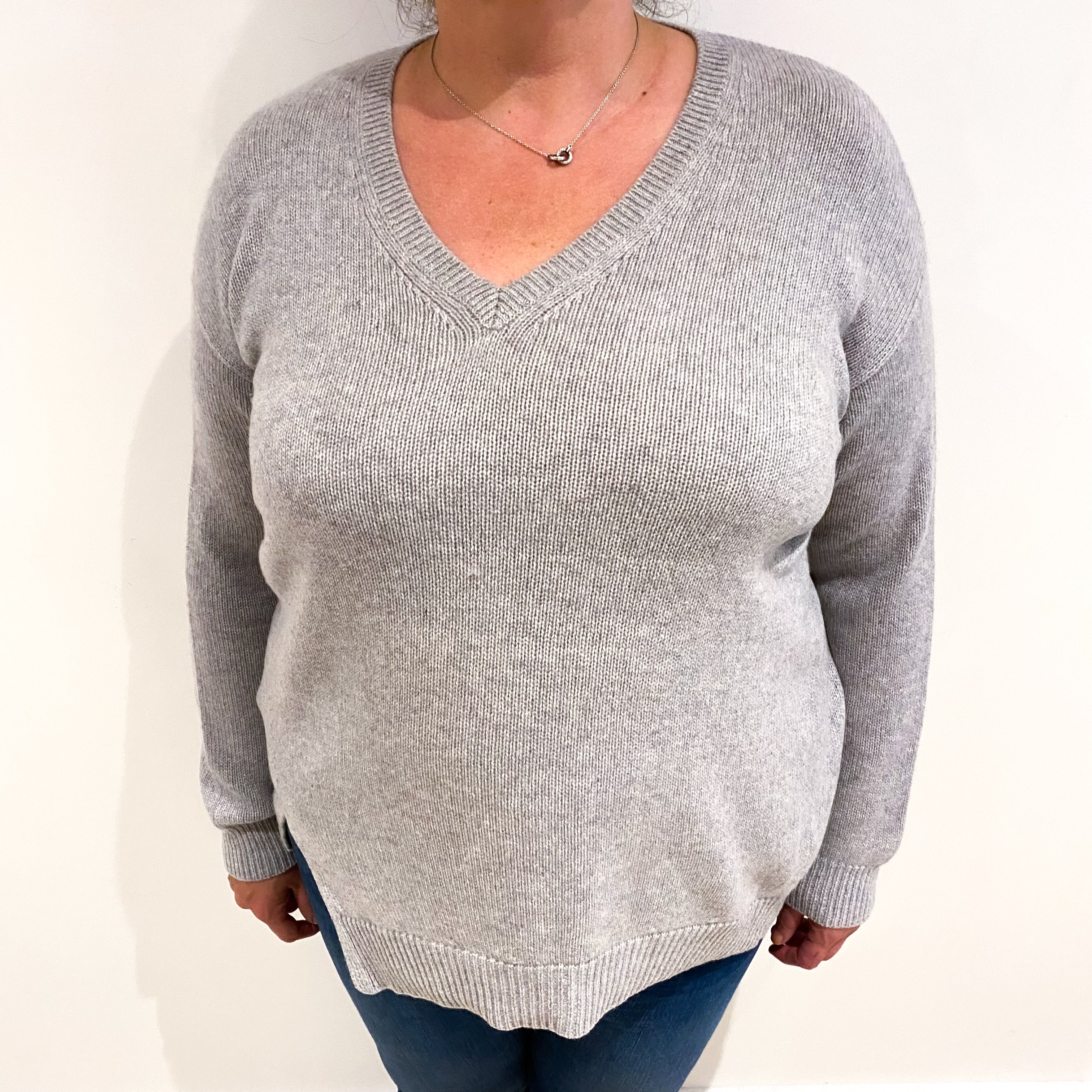 Mist Grey Chunky Cashmere V Neck Jumper Extra Large