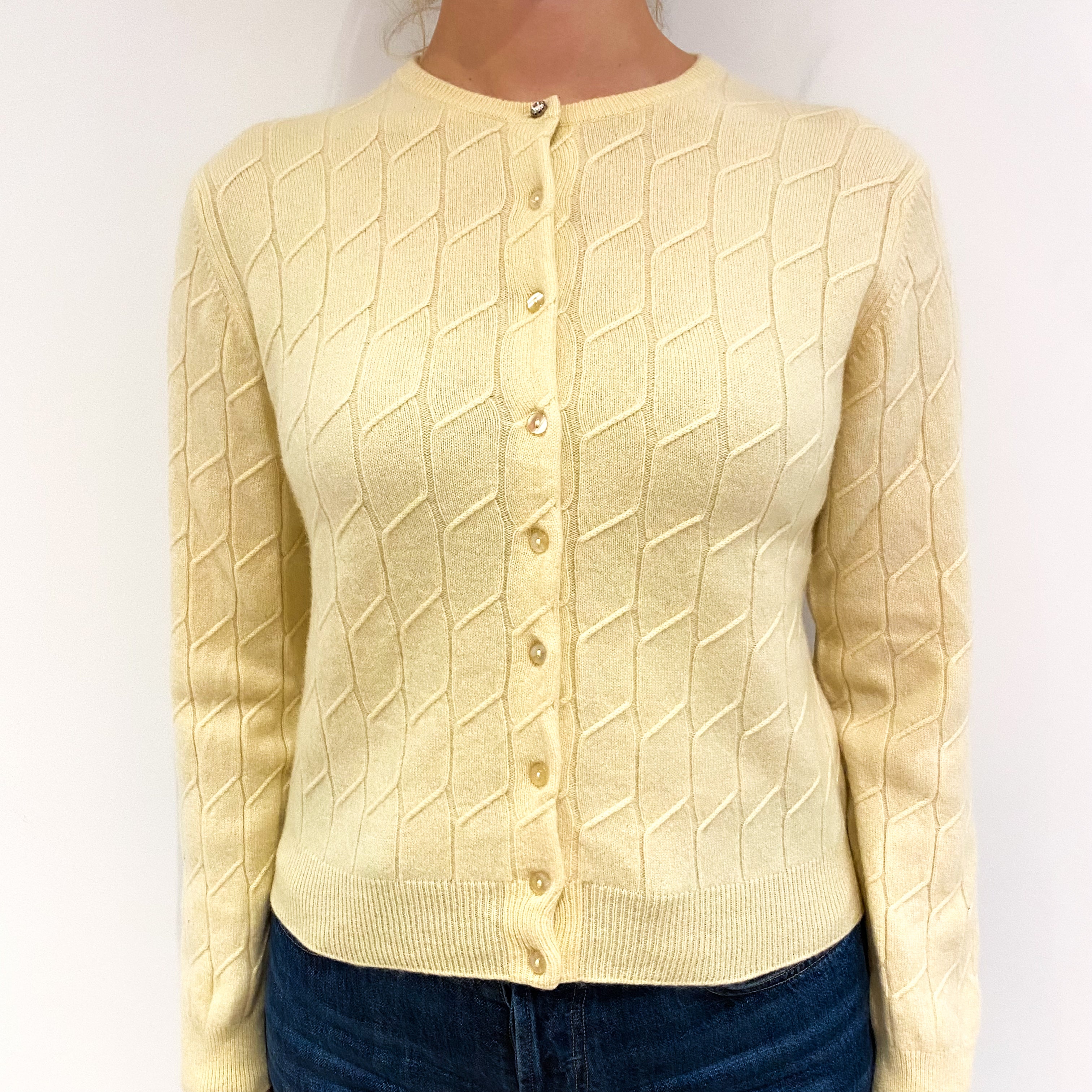 Pale Yellow Cable Cashmere Crew Neck Cardigan Small