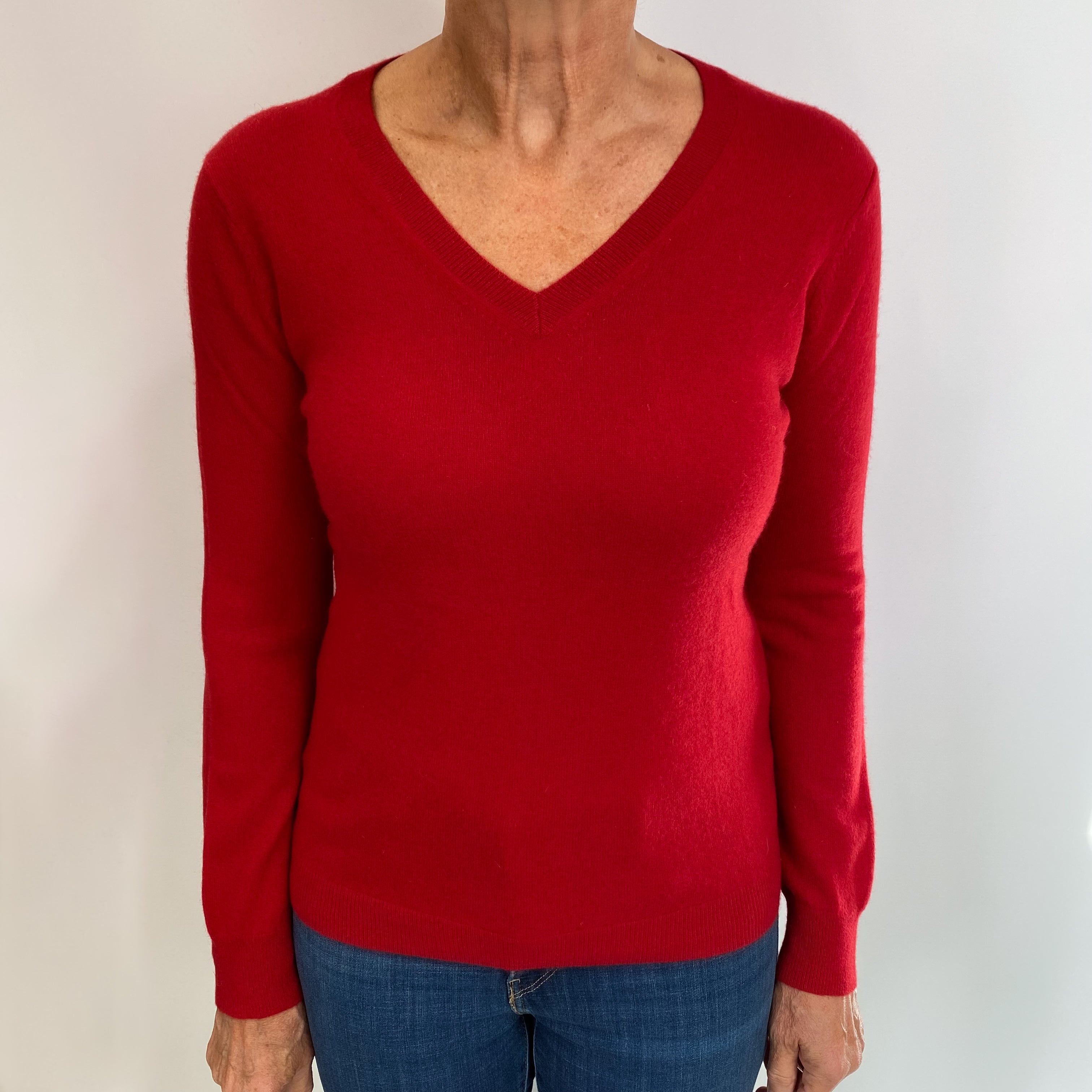 Tomato Red Cashmere V Neck Jumper Medium