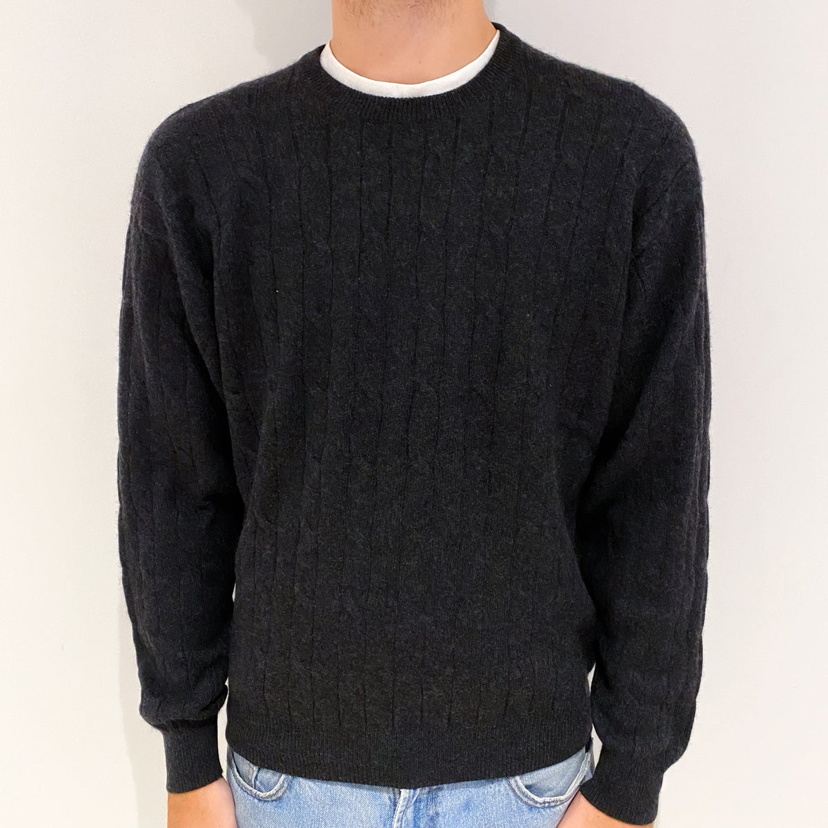 Men's Dark Grey Cashmere Crew Neck Jumper Large