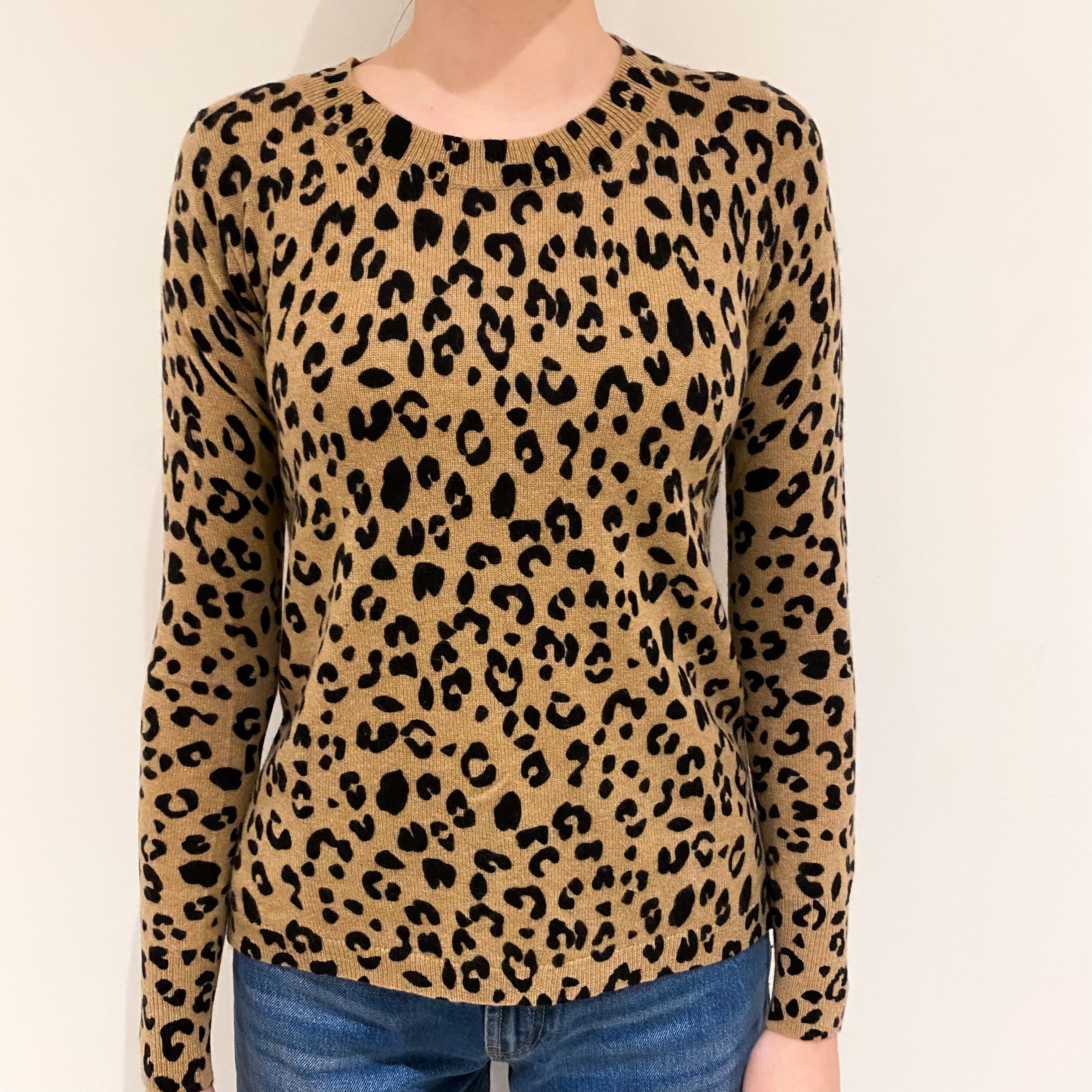 Camel and Black Leopard Cashmere Crew Neck Jumper Extra Small