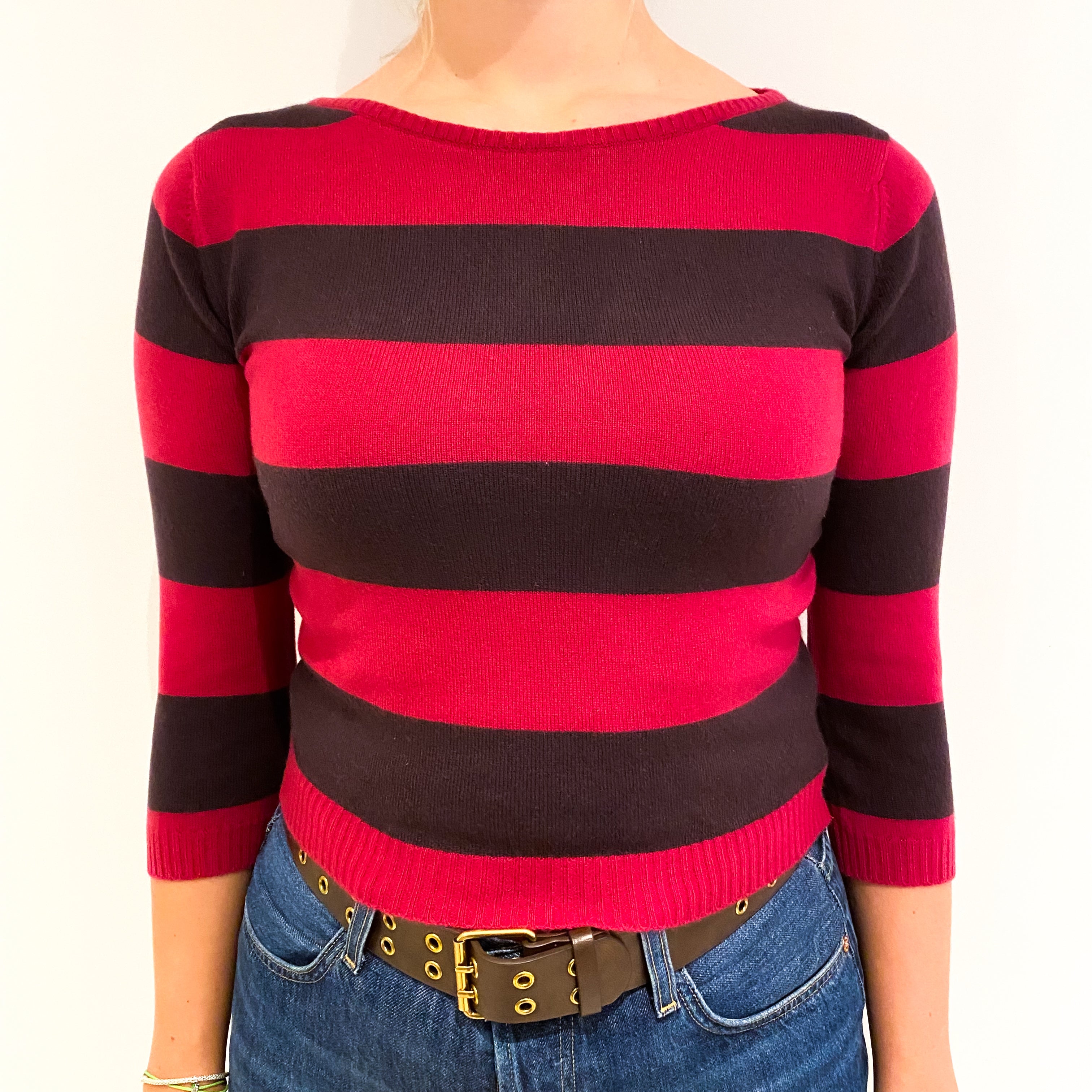 Deep Pink and Purple Stripe Cashmere Cropped Crew Neck Jumper Small