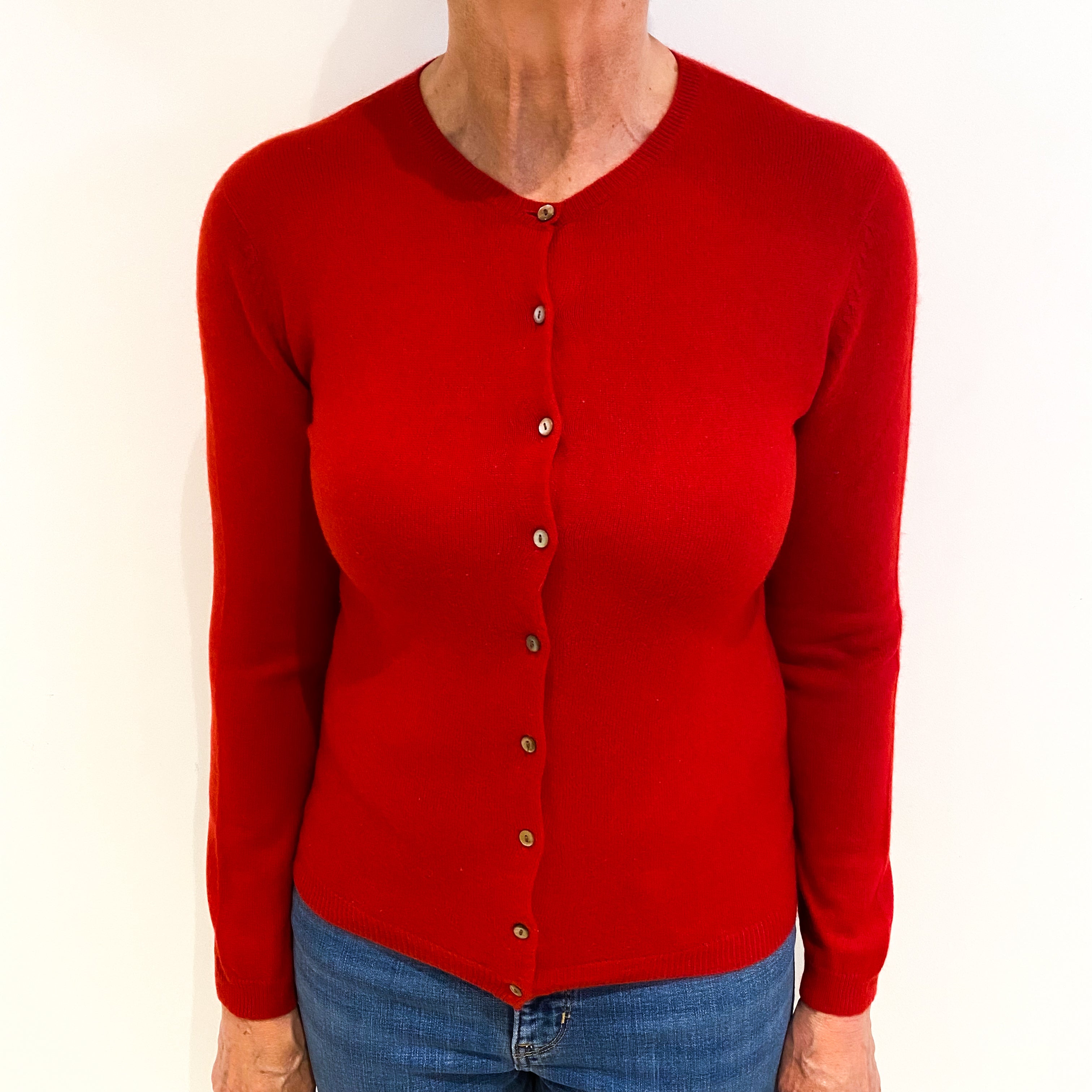 Post Box Red Cashmere Crew Neck Cardigan Medium