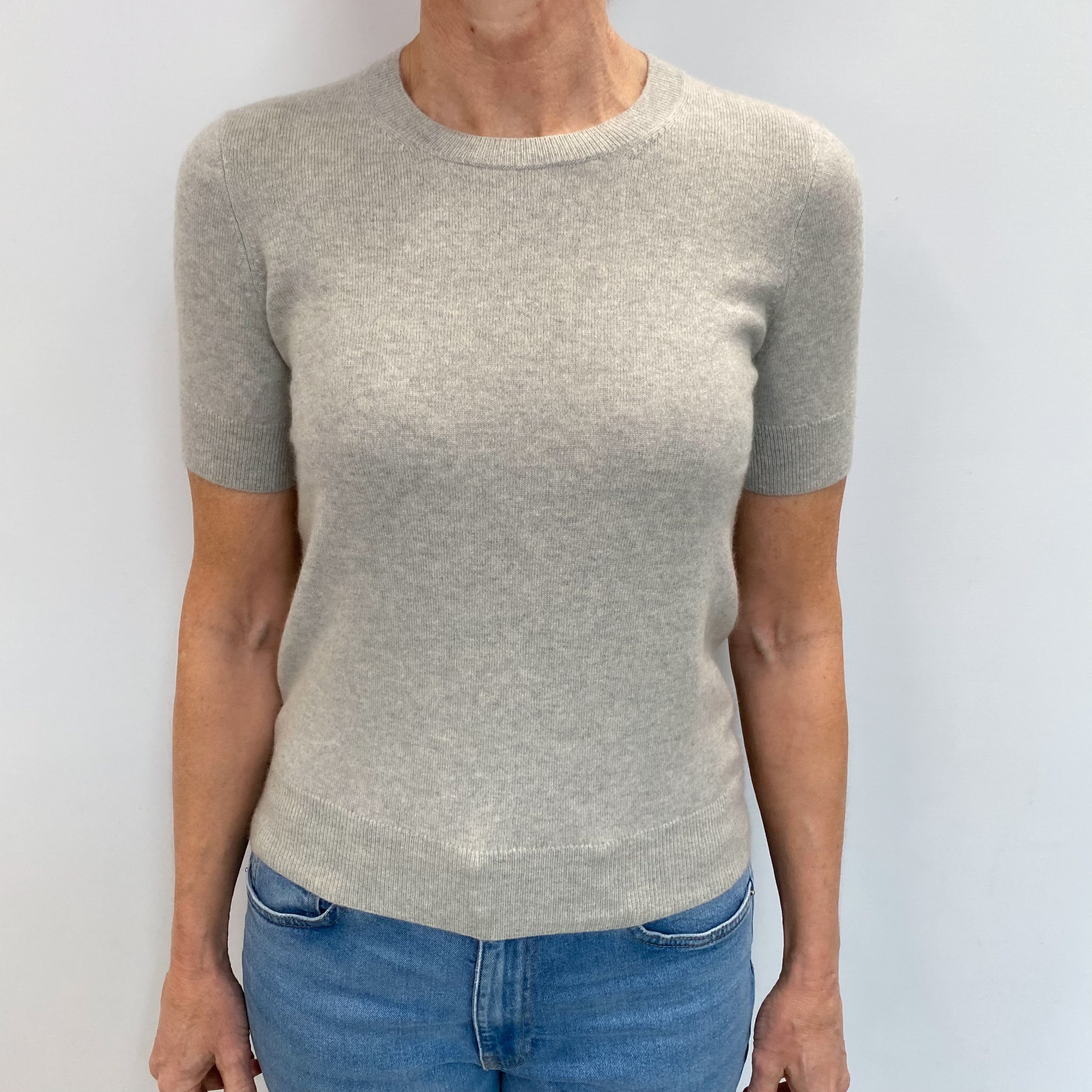 TSE Mist Grey Cashmere Short Sleeved Crew Neck Jumper Small