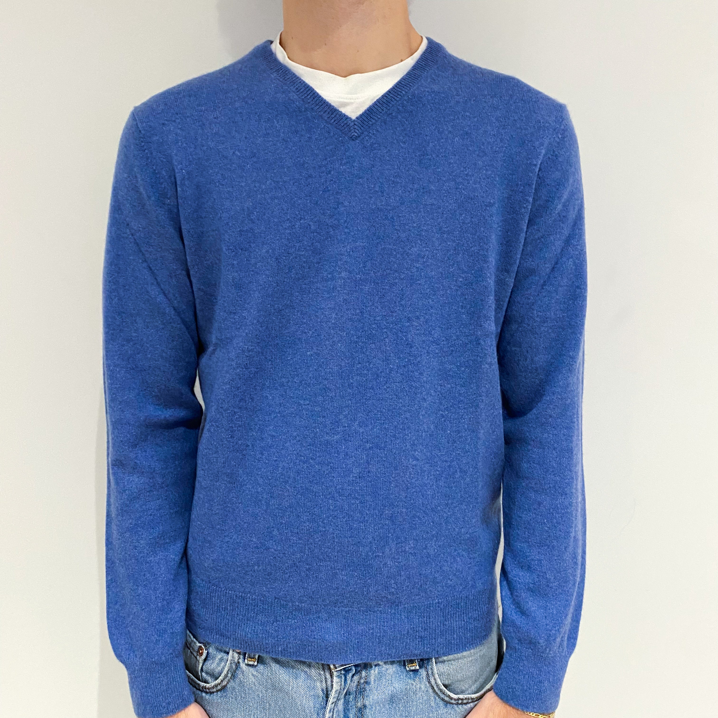Men's Airforce Blue Cashmere V-Neck Jumper Large