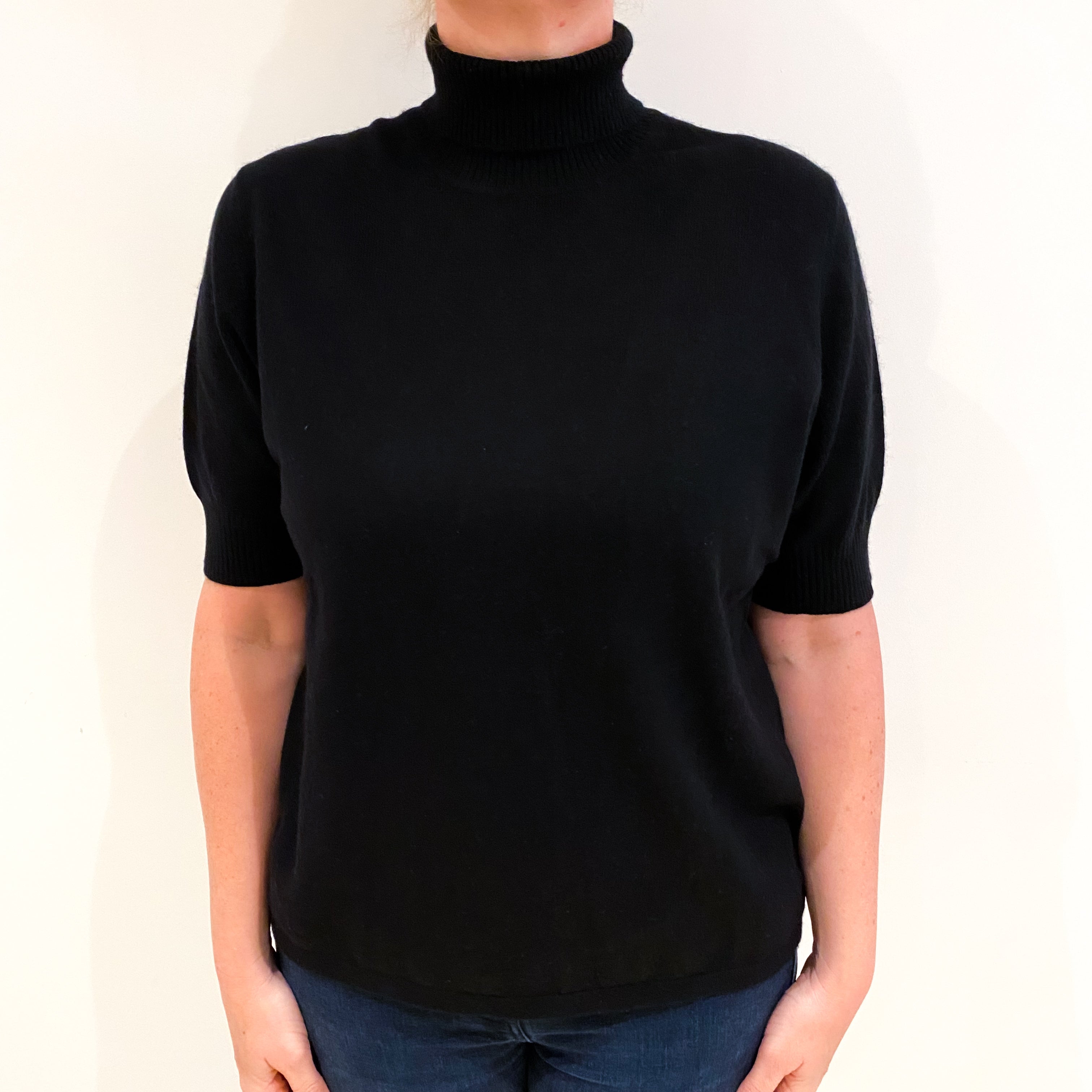 Black Cashmere Polo Neck Short Sleeved Jumper Large