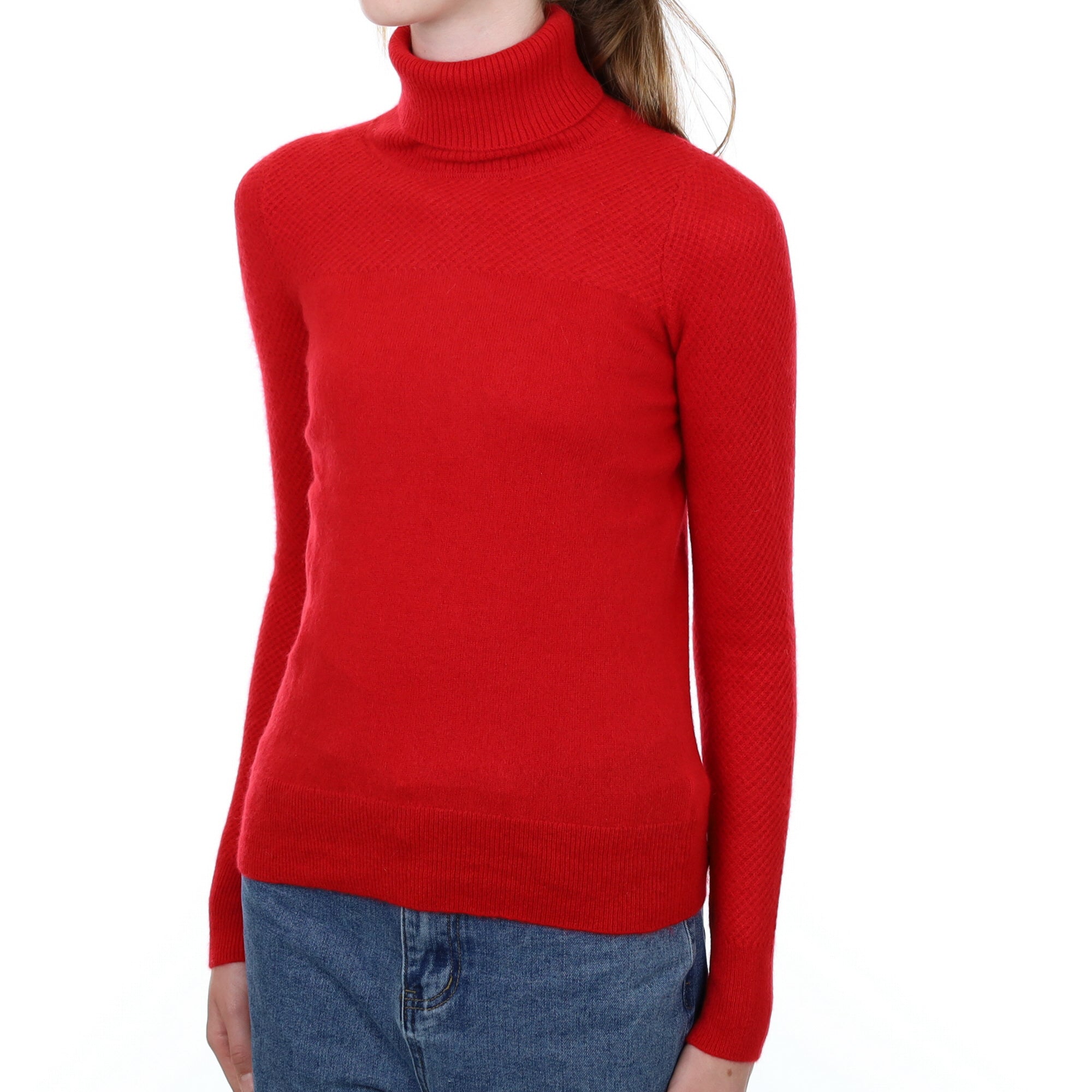 Scarlet Red Textured Cashmere Polo Neck Jumper Extra Small
