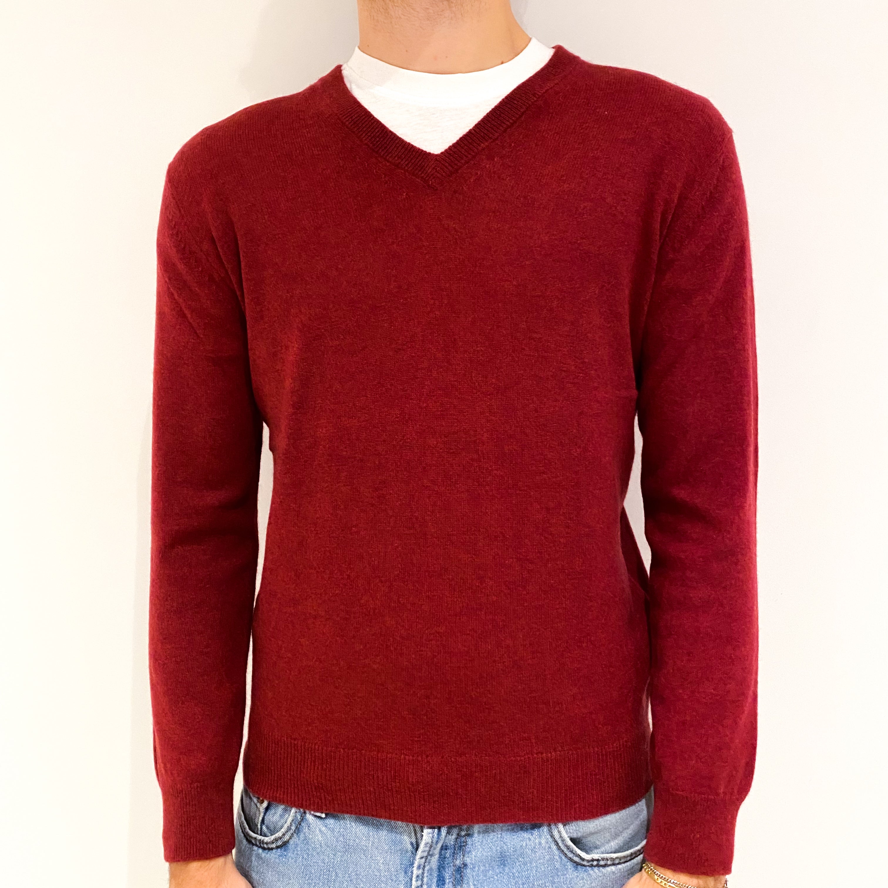 Men's Paprika Red Cashmere V-Neck Jumper Medium