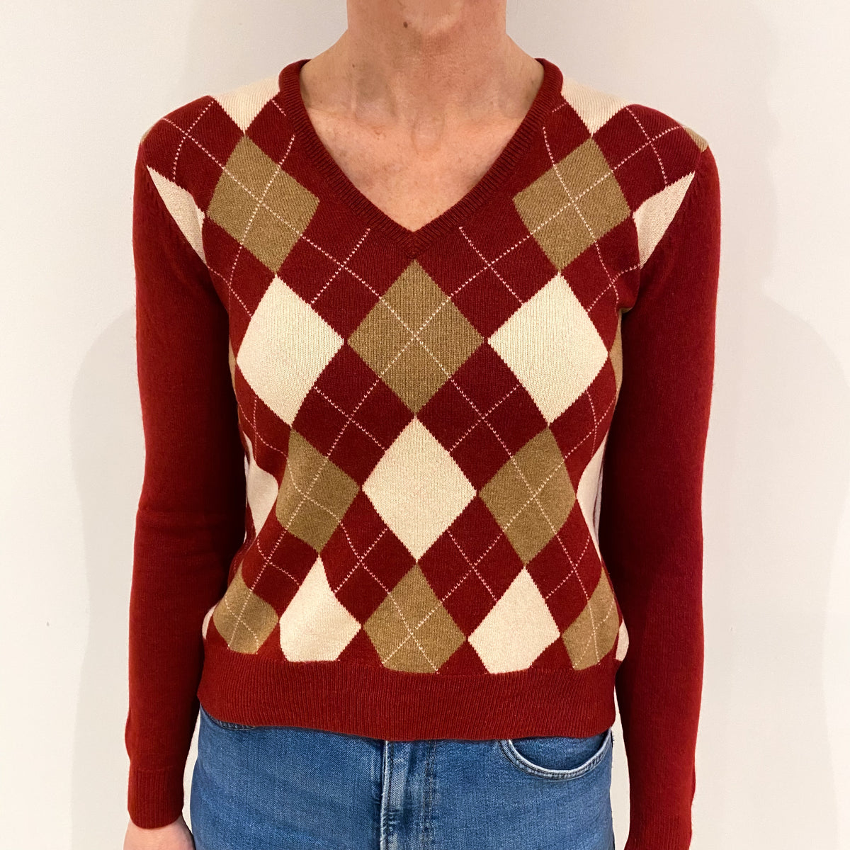 Maroon Red Diamond Cashmere V Neck Jumper Small