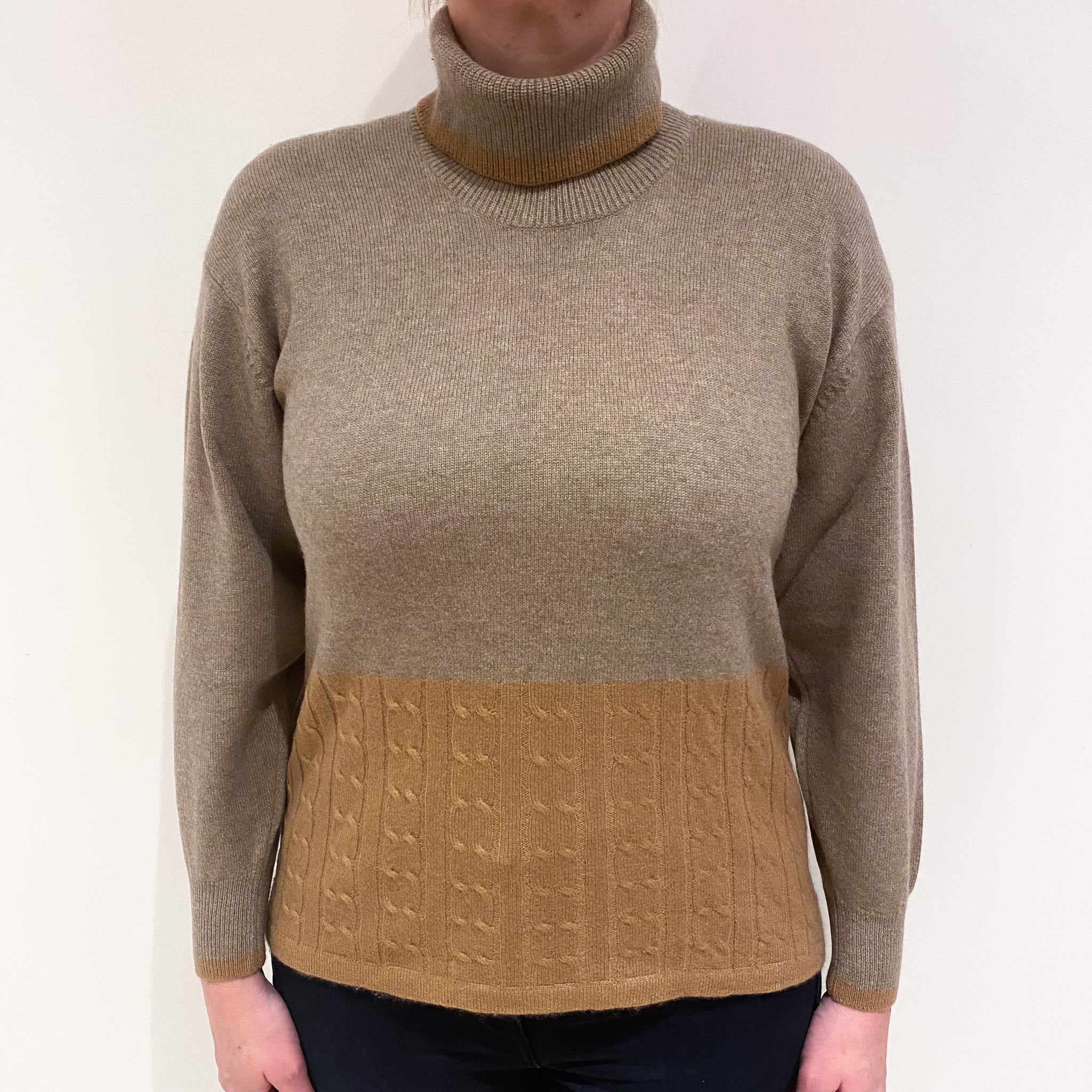 Taupe and Butterscotch Cashmere Polo Neck Jumper Large