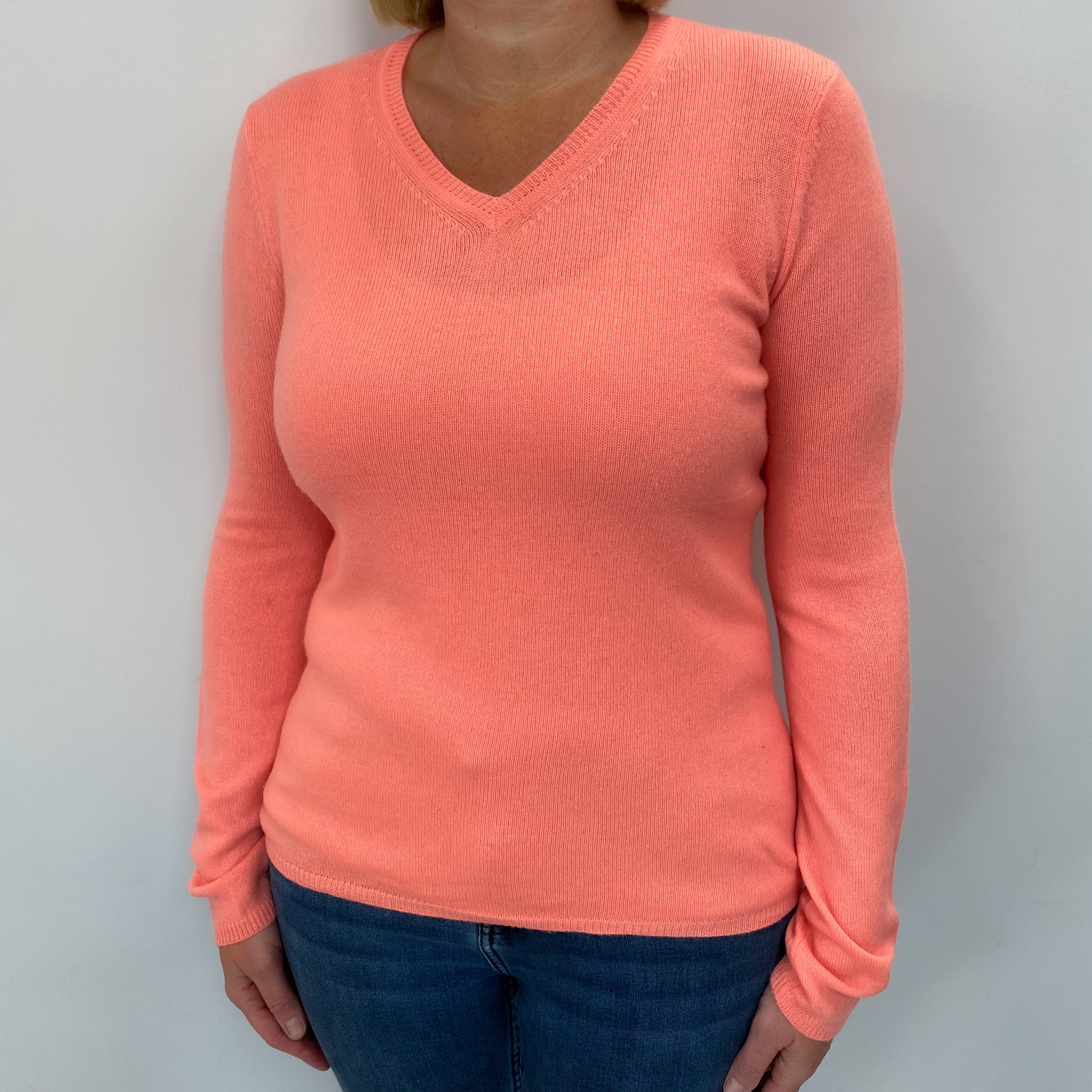 Bright Coral Orange Cashmere V Neck Jumper Large