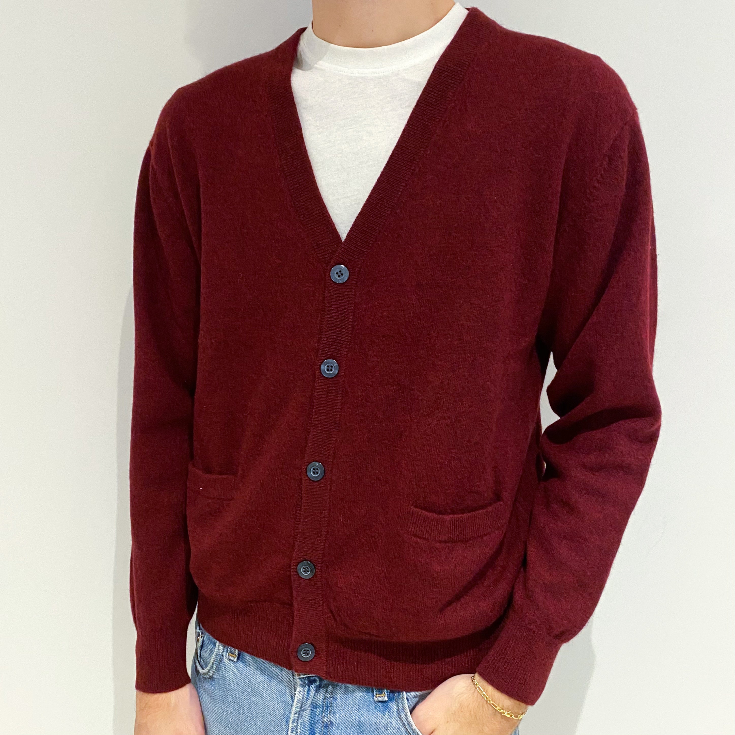 Men's Burgundy Red Cashmere V-Neck Cardigan with Pockets Large