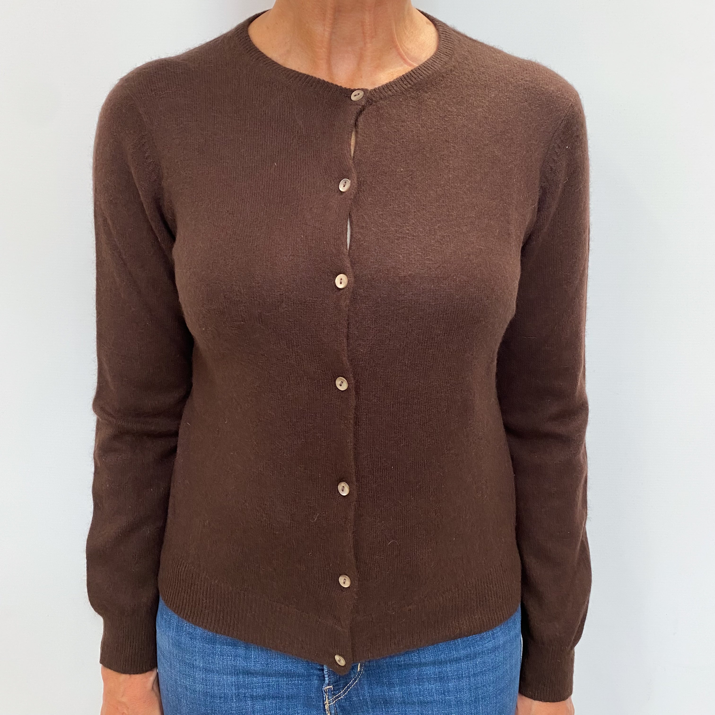 Peppercorn Brown Cashmere Crew Neck Cardigan Medium
