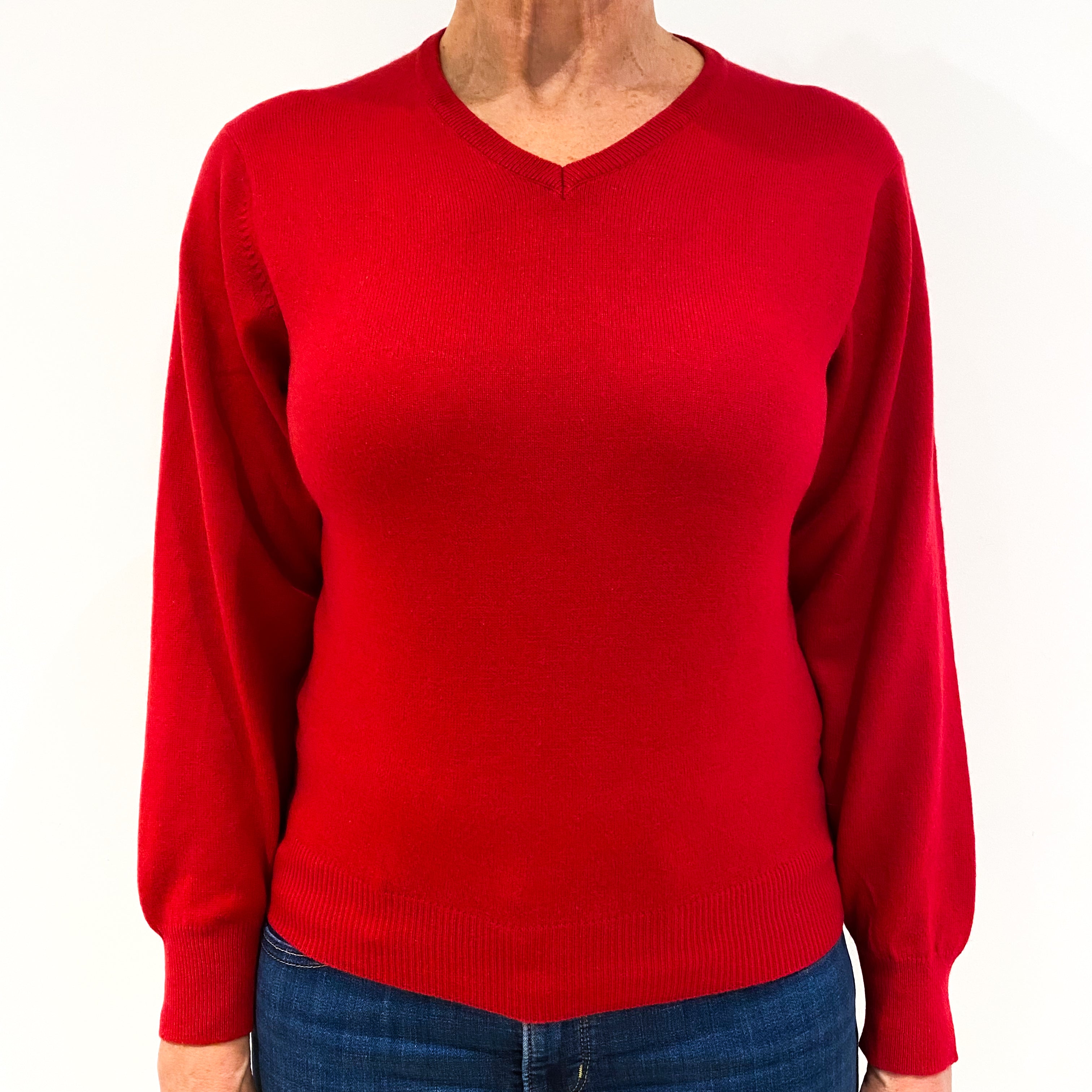 Post Box Red Cashmere V-Neck Jumper Medium