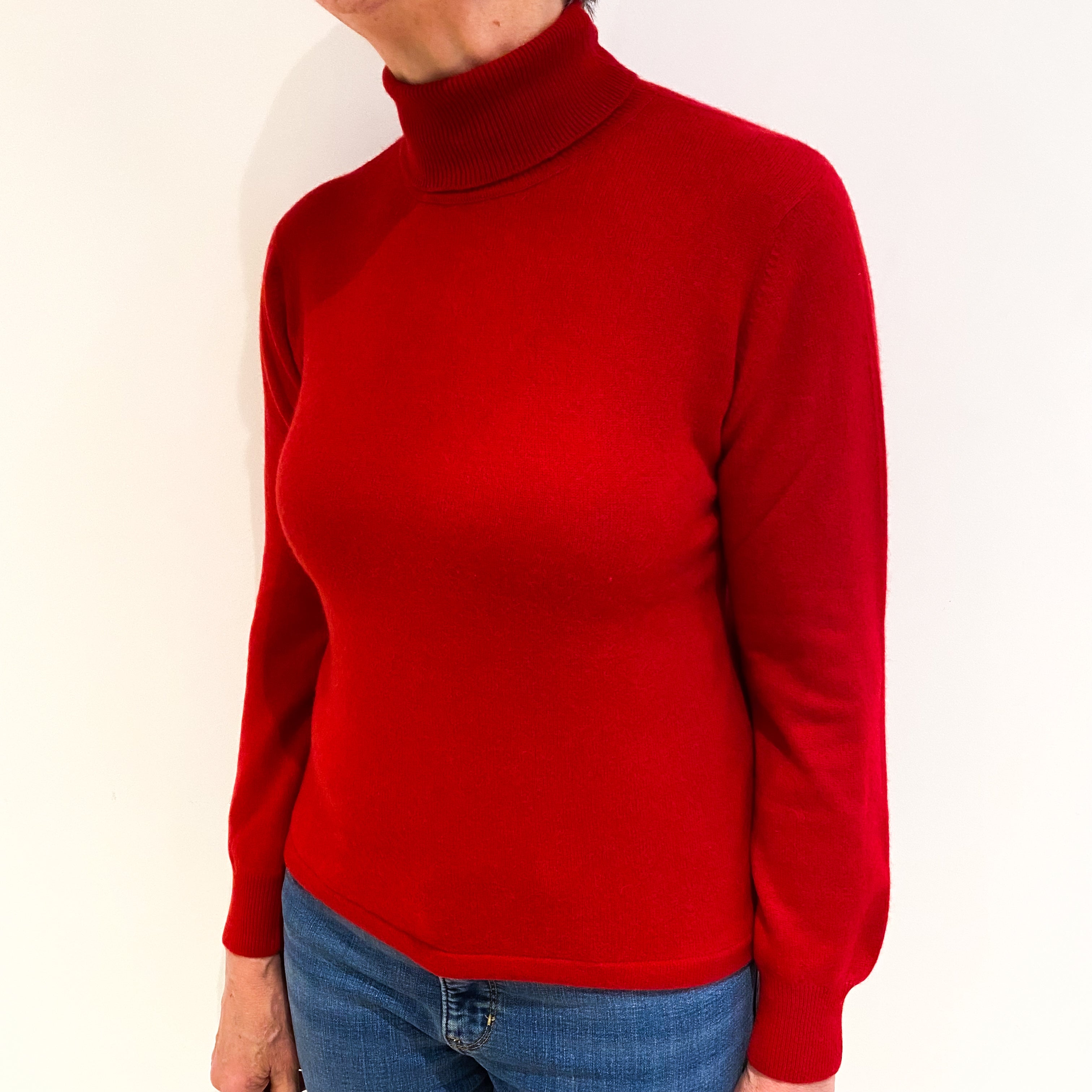 Scarlet Red Cashmere Polo Neck Jumper Medium