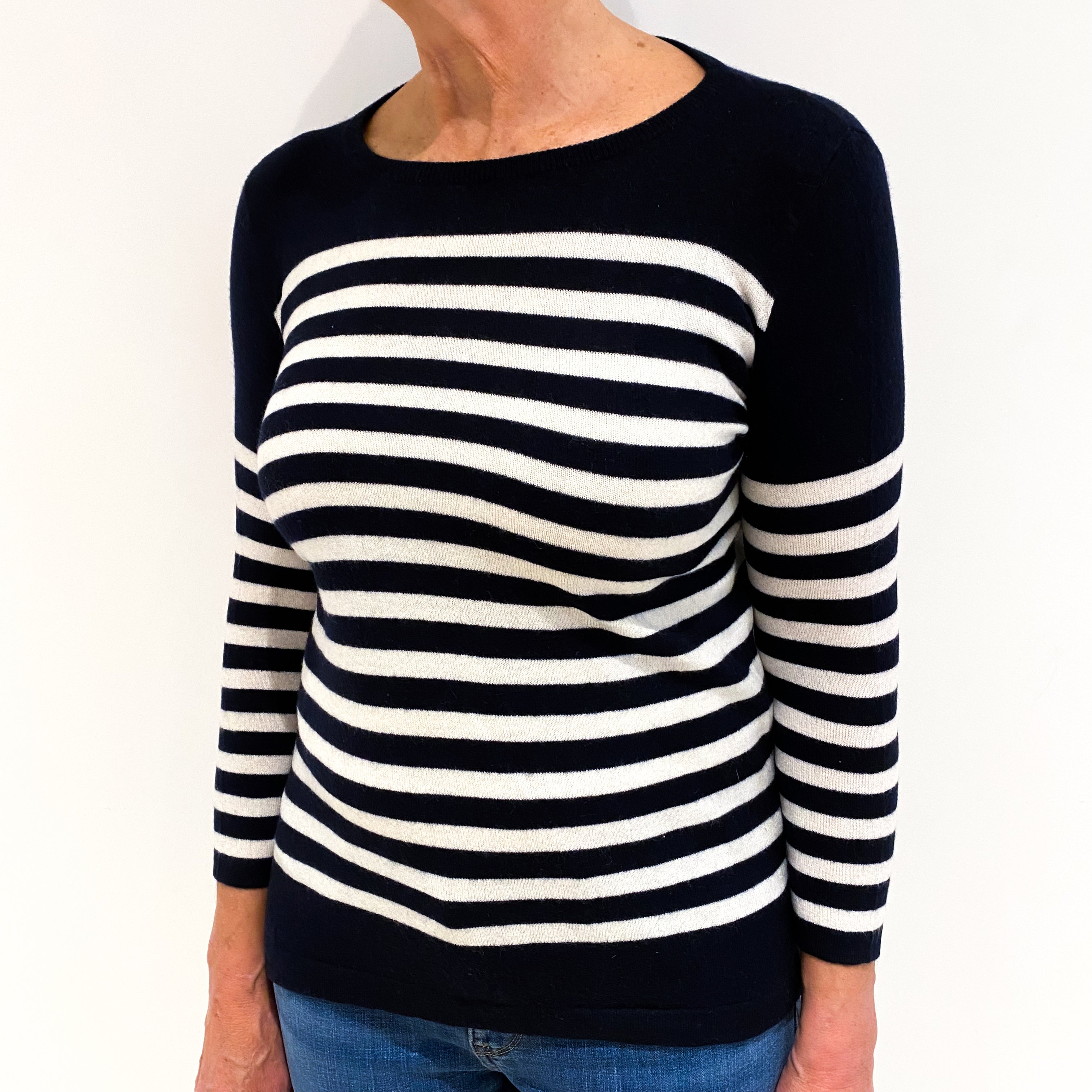 Navy Cream Stripe Cashmere Crew Neck Jumper Medium
