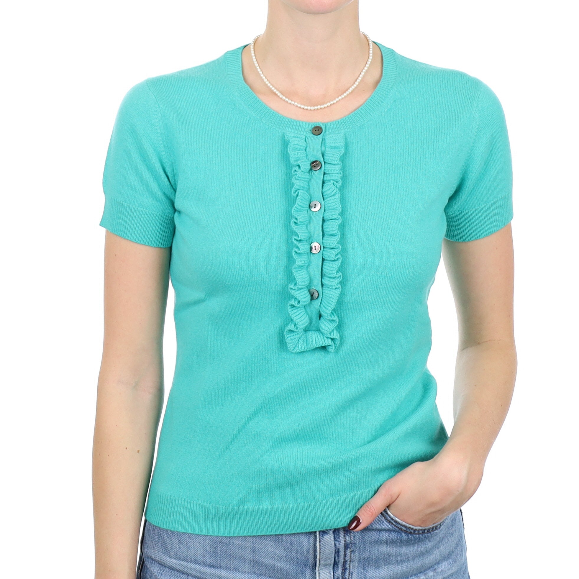 New Turquoise Green Ruffle Cashmere Short Sleeve Crew Neck Jumper Small