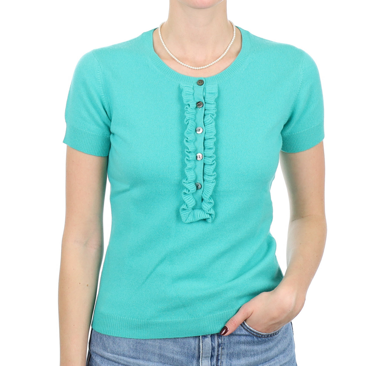 New Turquoise Green Ruffle Cashmere Short Sleeve Crew Neck Jumper Small