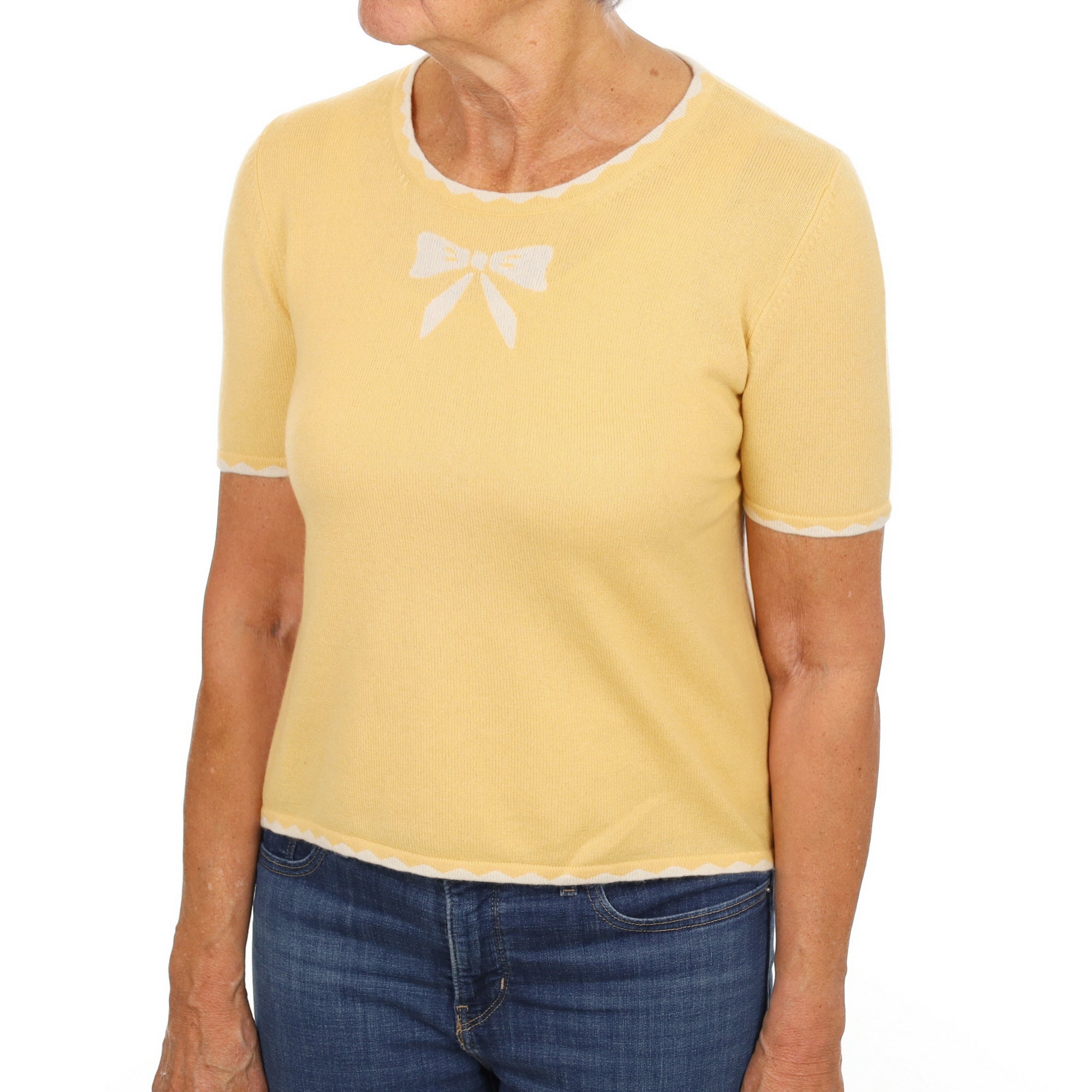 Custard Yellow Cashmere Crew Neck Short Sleeved Jumper Medium