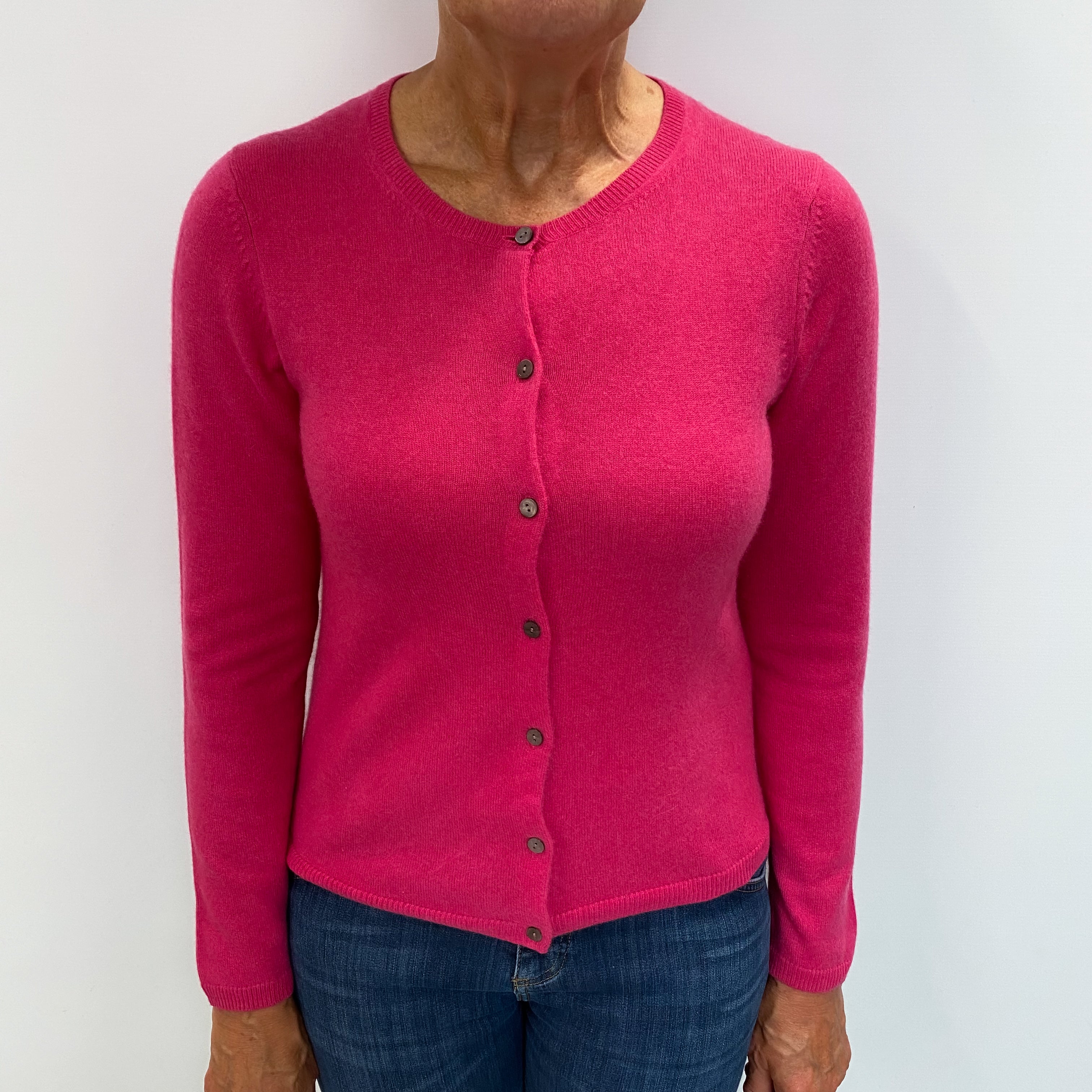 Hot Pink Cashmere Crew Neck Cardigan Medium