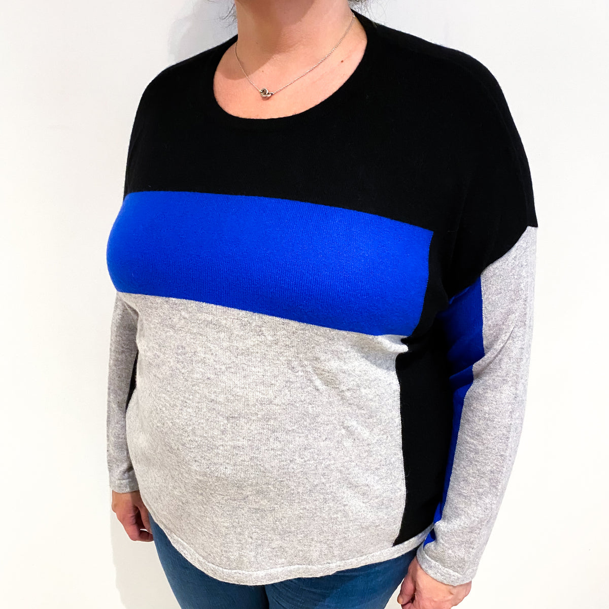Blue Colour Block Cashmere Crew Neck Jumper Extra Large