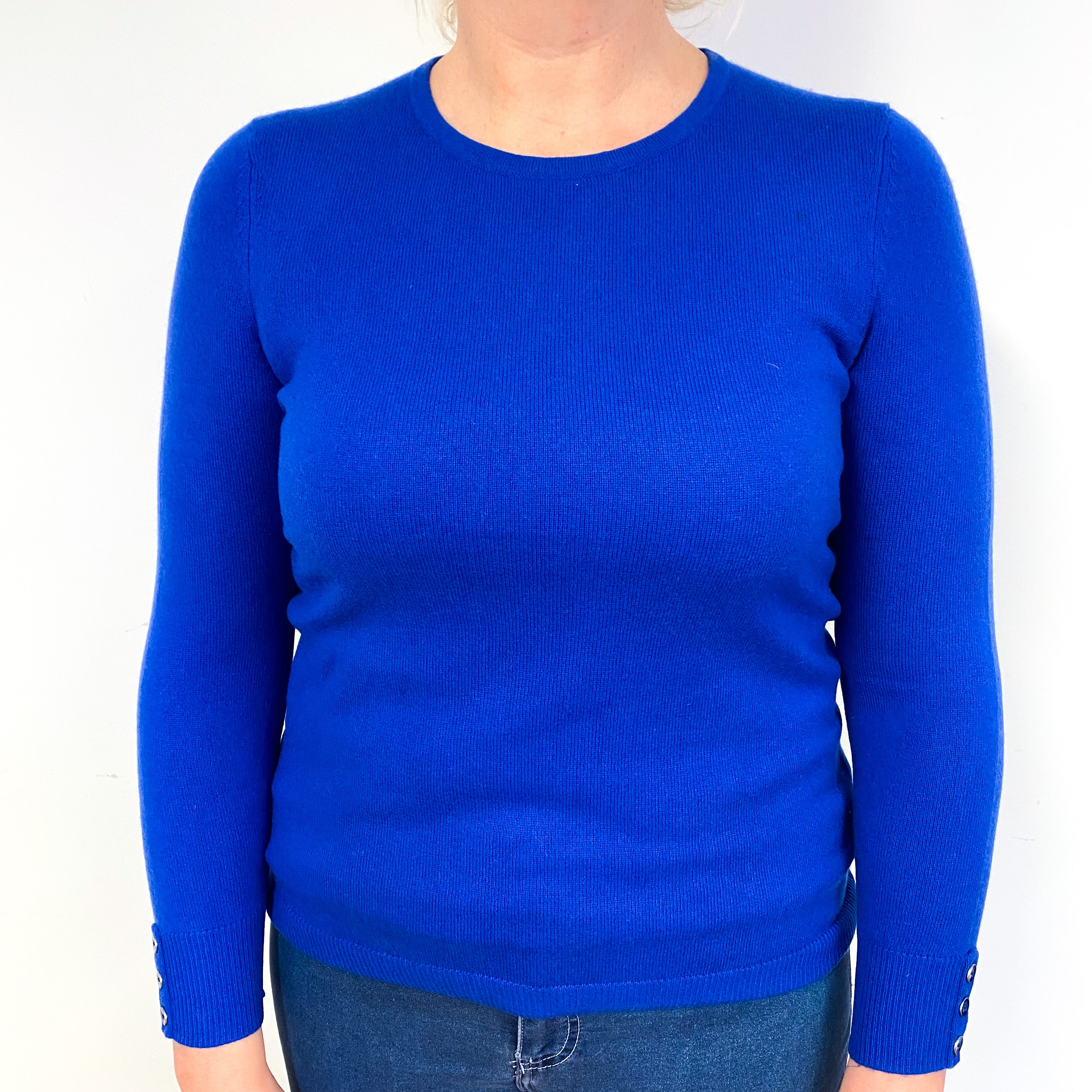Cobalt Blue Button Cuff Cashmere Crew Neck Jumper Large/Petite