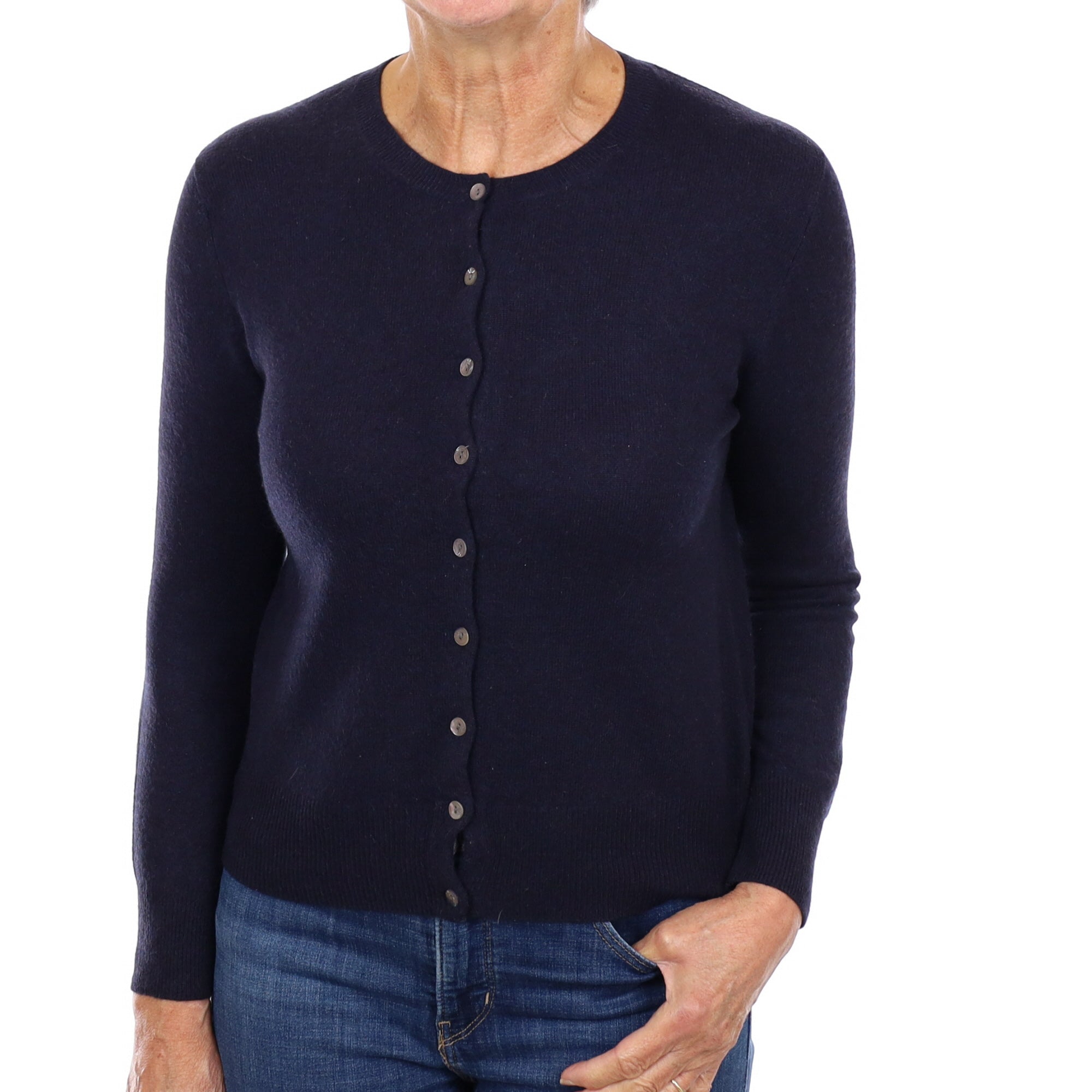 Navy Cashmere Crew Neck Cardigan Medium