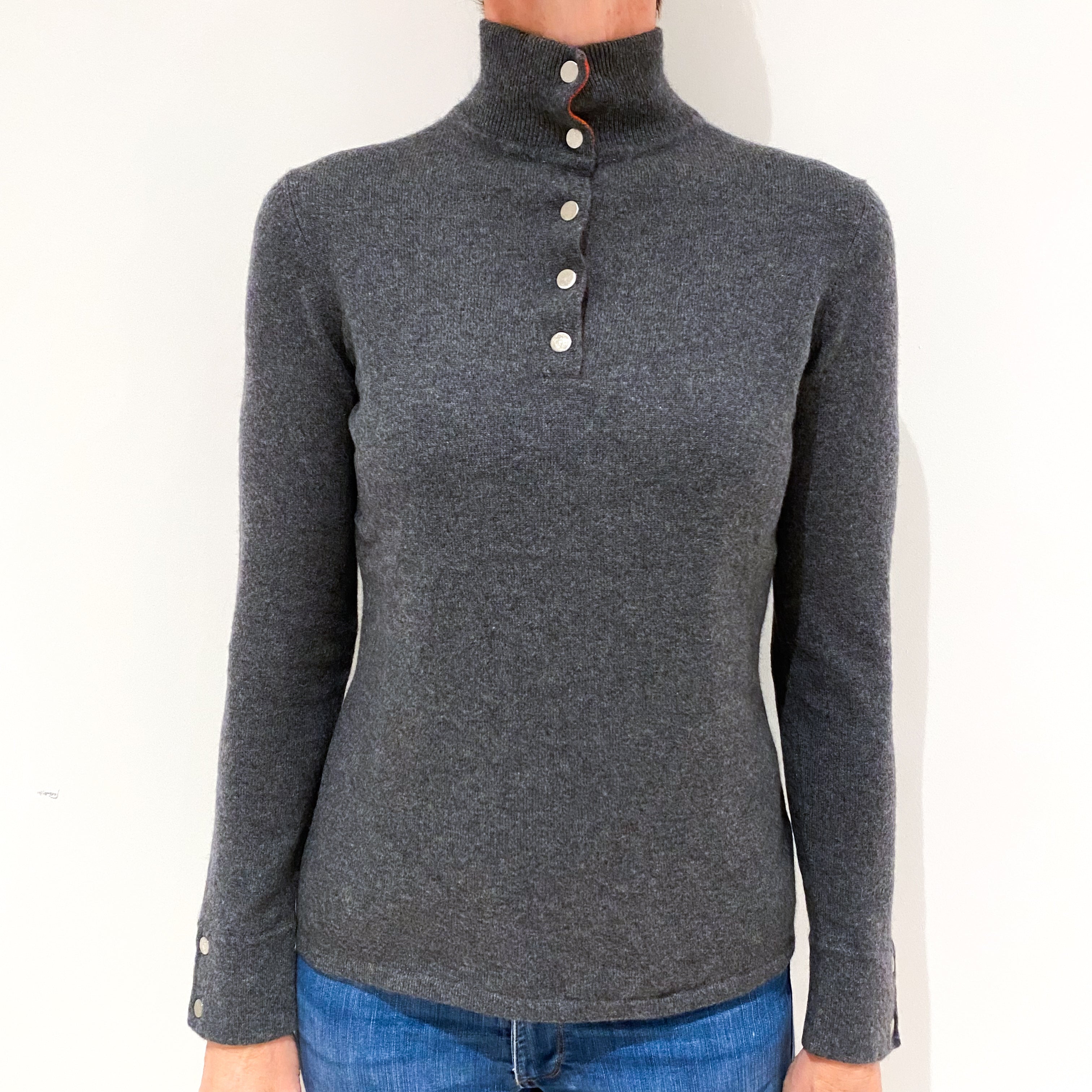 Slate Grey Button Front Cashmere Turtle Neck Jumper Small