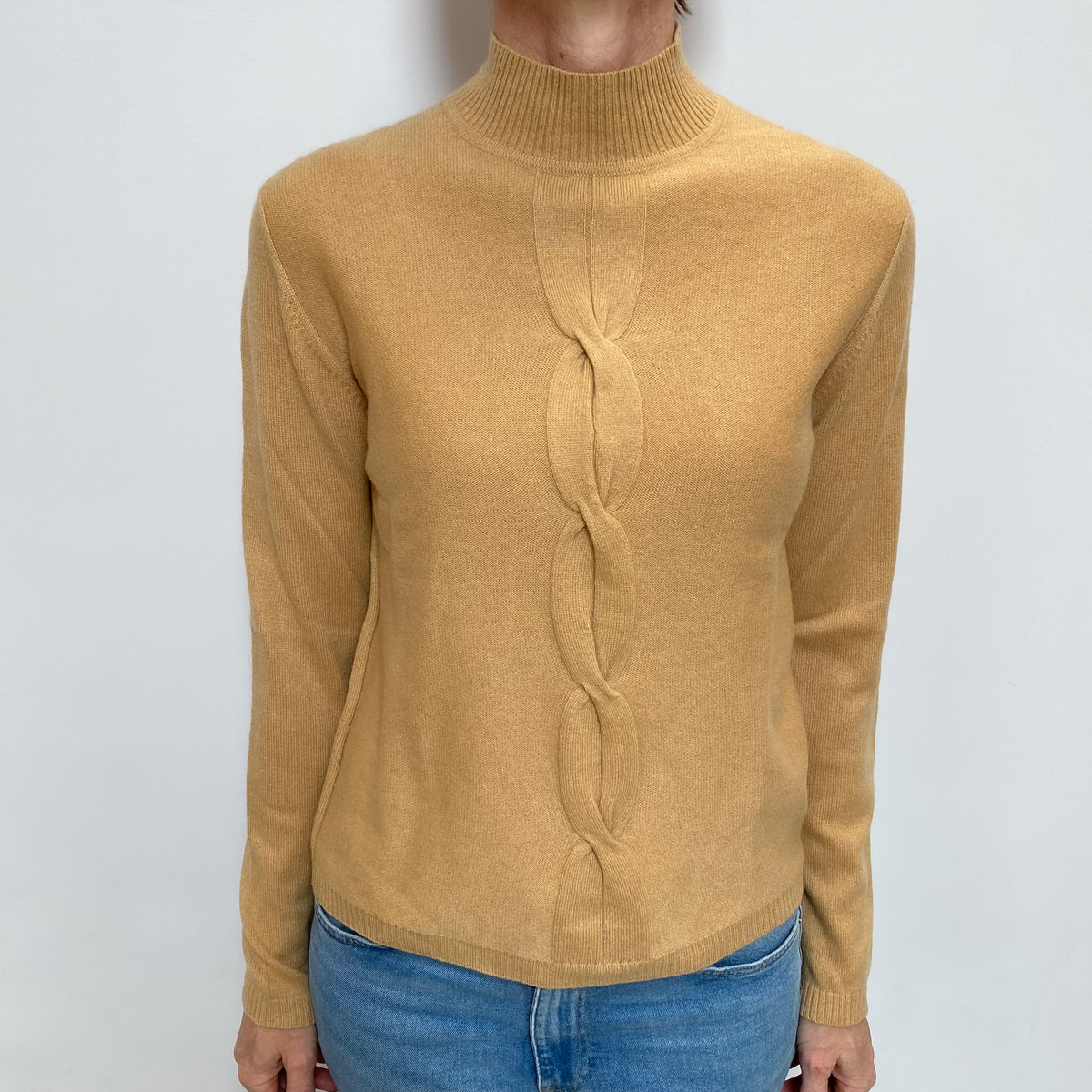 Caramel Brown Cable Detail Cashmere Turtle Neck Jumper Small