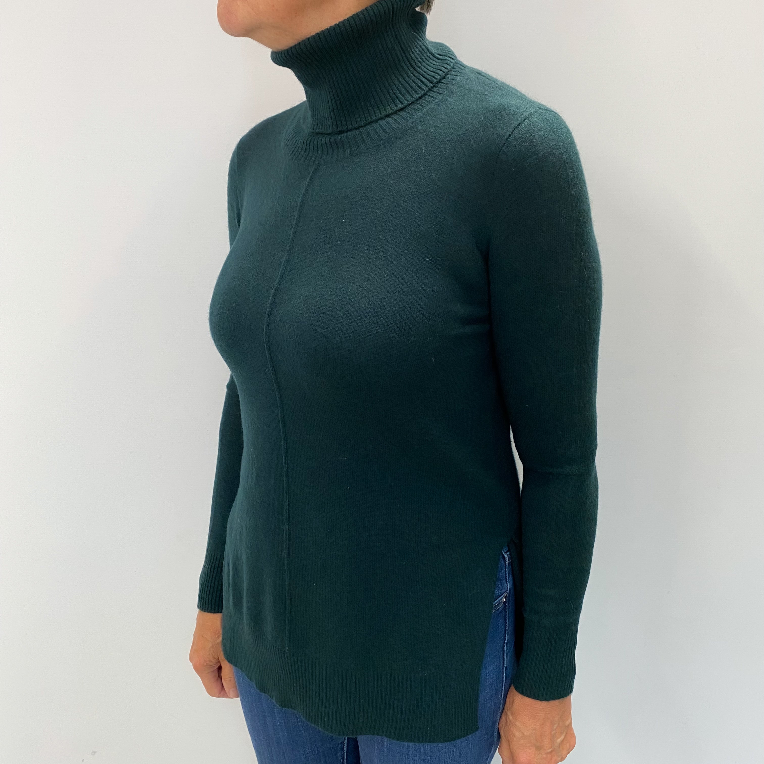 Bottle Green Cashmere Split Side Polo Neck Jumper Medium