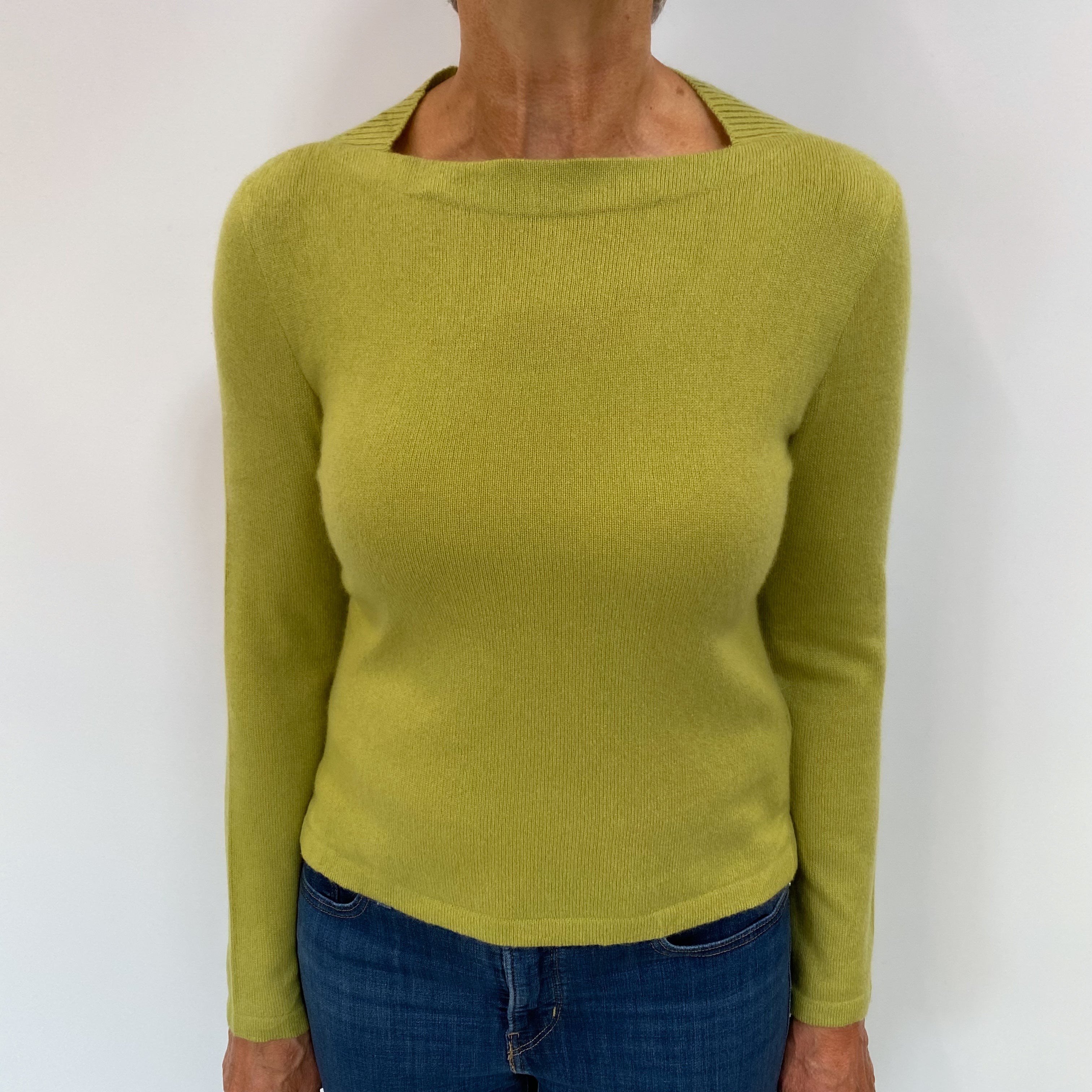 Pea Green Cashmere Square Crew Neck Jumper Medium